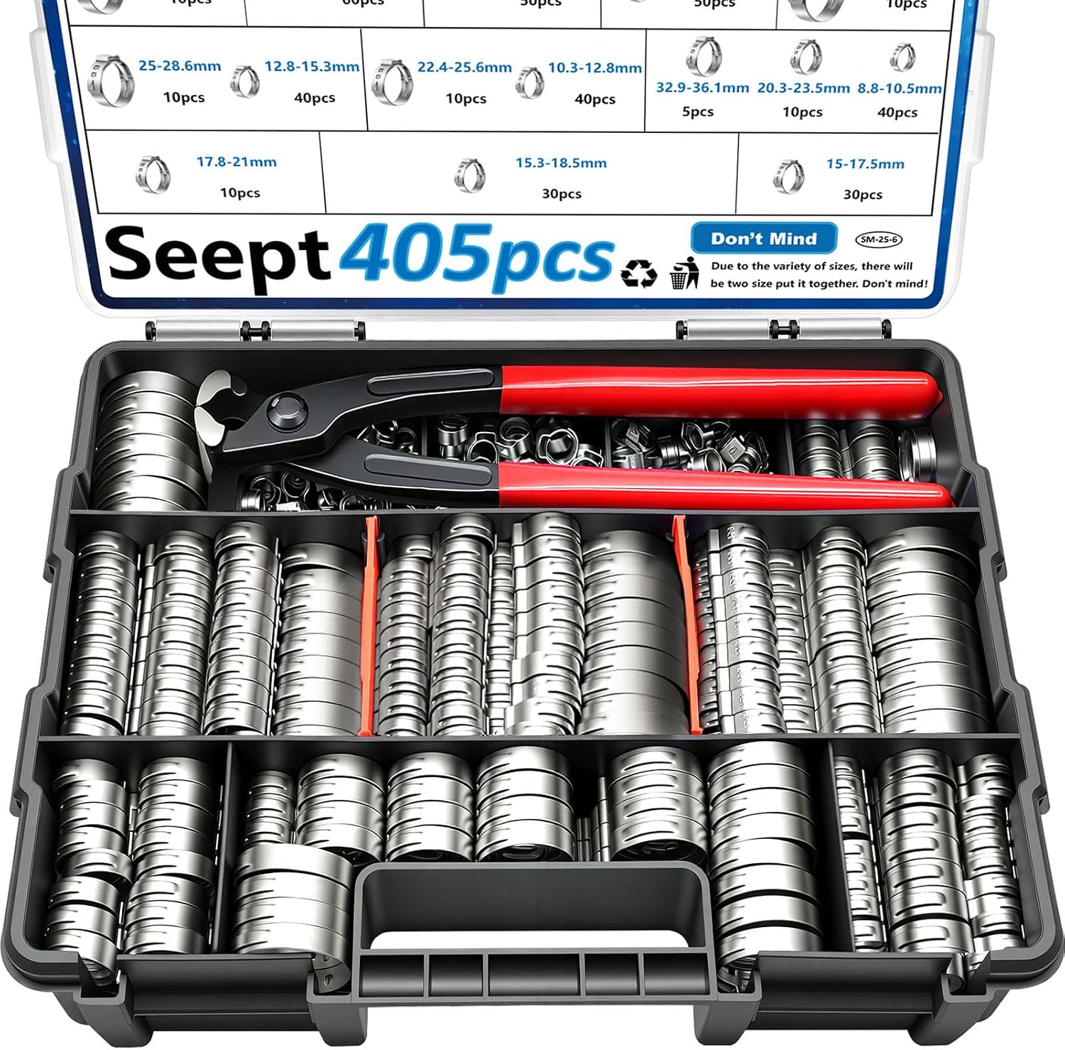 Detalle de Seept CA-SM-25-6 405-Piece Single-Ear Hose Clamp Kit, 304 Stainless Steel