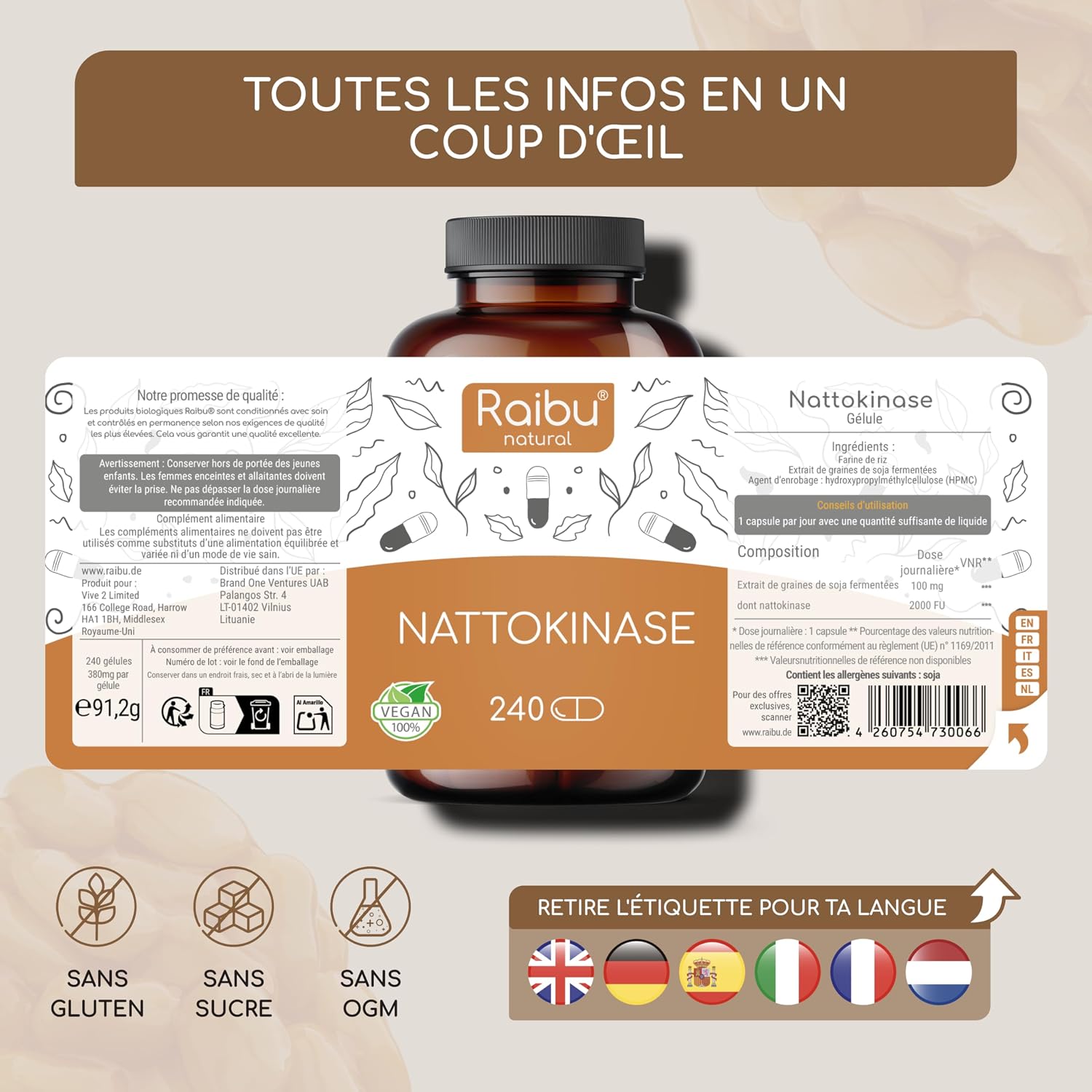 Thumbnail 6 de Nattokinase 100 mg (20.000 UI/g) Hautement Dosé – 240 Gélules par Raibu I, 8 mois d’approvisionnement, Natto à base de soja, végan et sans additifs