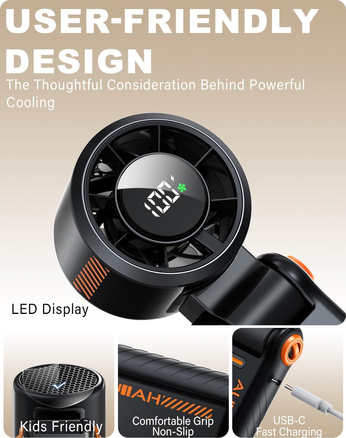 Thumbnail 6 de AUIIAH Portable Handheld Turbo Fan - 5 Speed, 3-in-1 Foldable USB-C Rechargeable Personal Fan