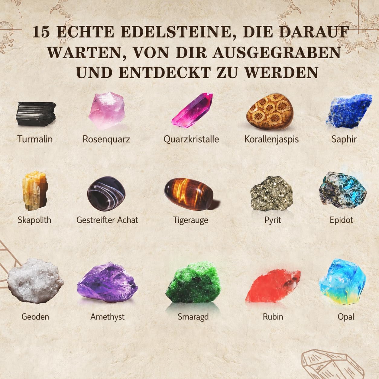 Detalle 1 de Greek Science „Mein erstes Mega“ Ausgrabungsset mit 15 echten Kristallen & Edelsteinen für Kinder