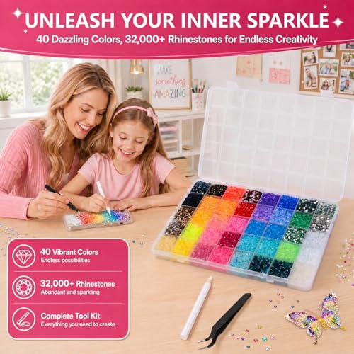 Detalle de ZOVRIXIA 40 Colors 32,000 Pcs Nail Rhinestones Kit with Glue, Pen and Tweezers
