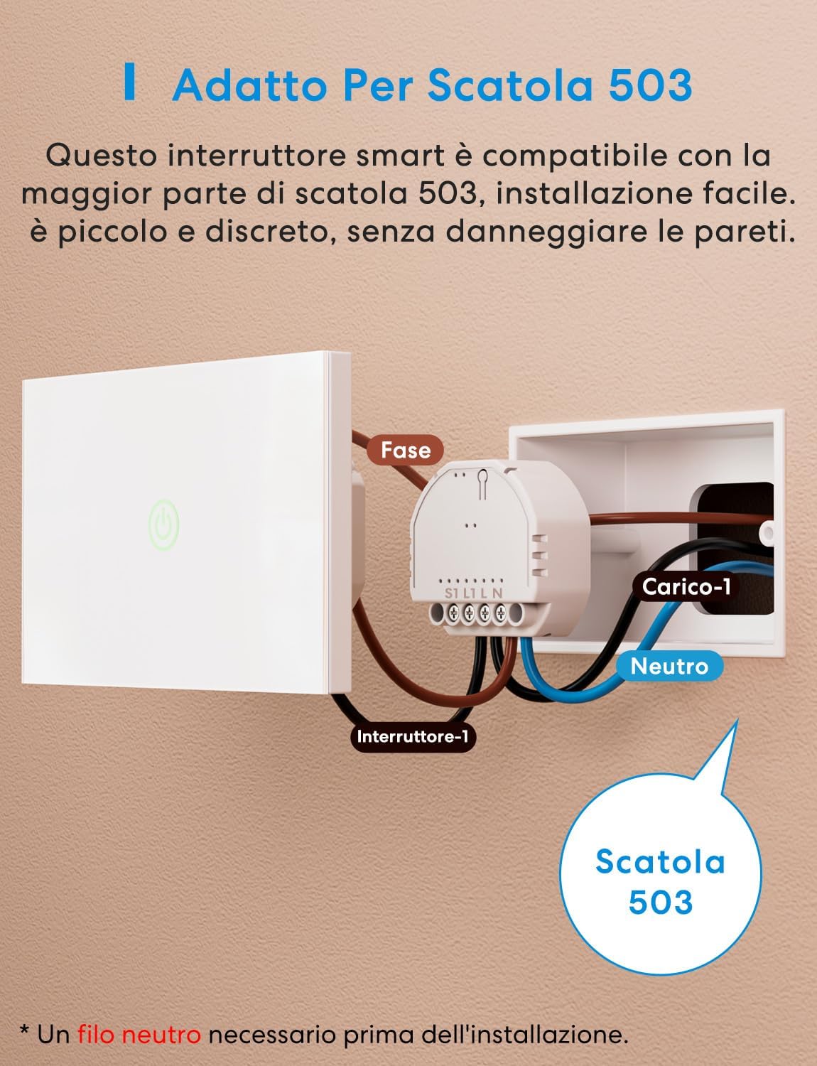 Thumbnail 2 de meross Interruttore WiFi Matter MSS815 (1 via) con filo neutro richiesto: controllo luci e monitoraggio consumi