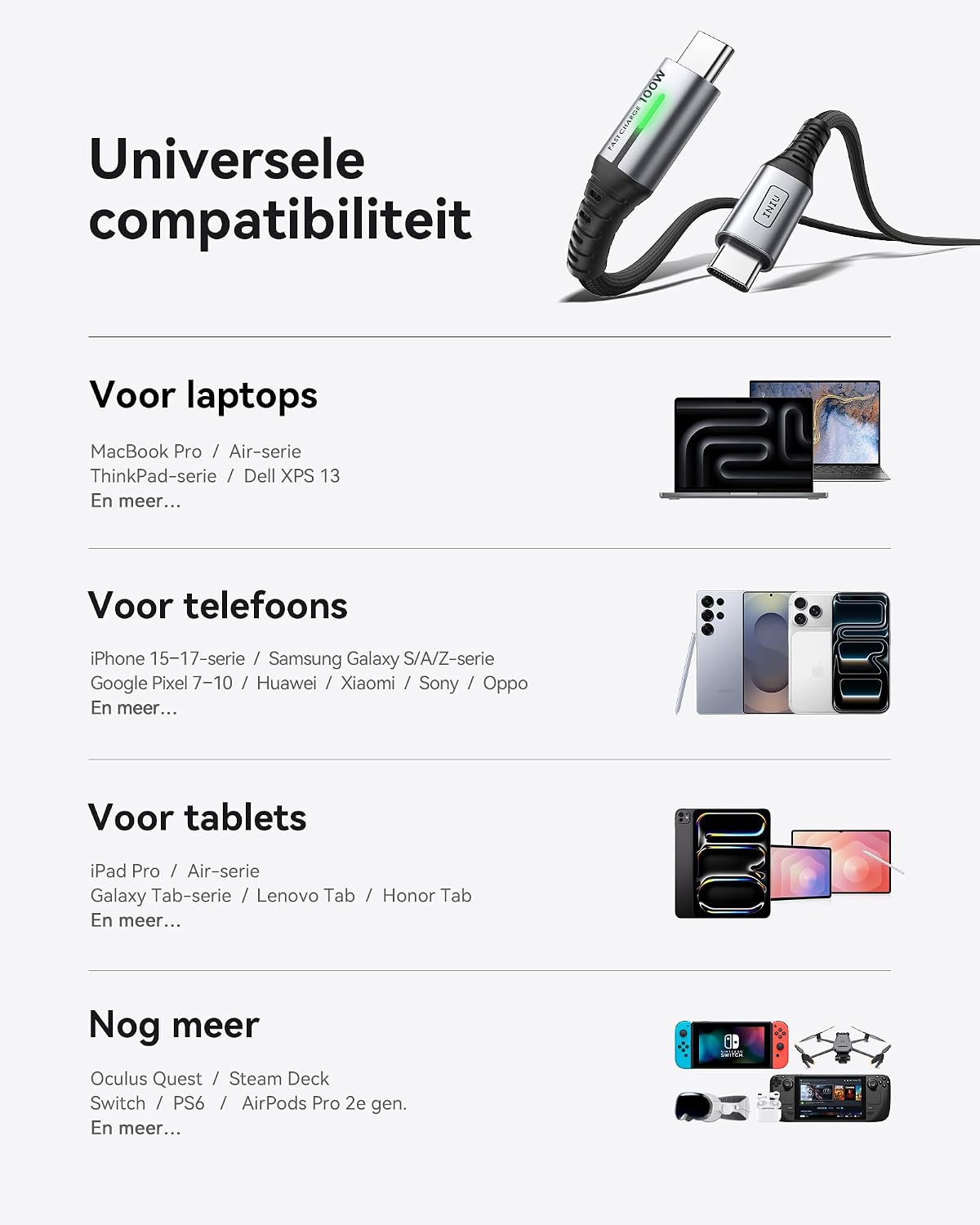 Detalle de INIU USB-C-kabel van 2 m, 100 W PD, gevlochten nylon