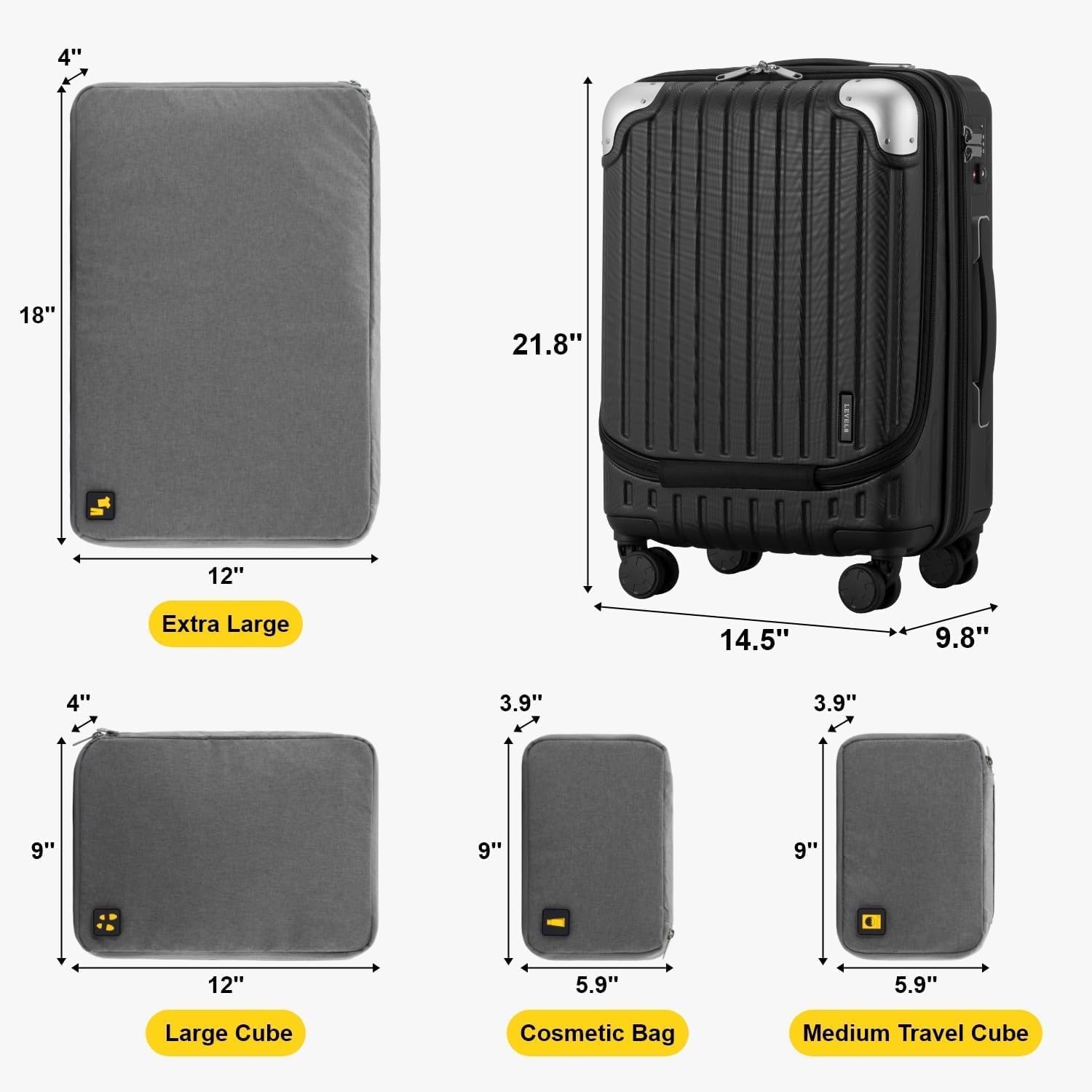 Detalle de LEVEL8 Carry on Suitcase Expandable with 4pc Luggage Organiser Set, 55cm Cabin Spinner with Laptop Compartment (Black)