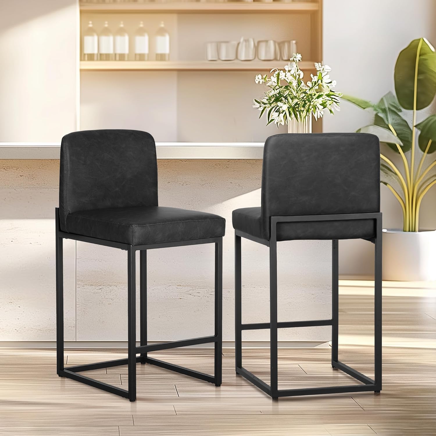 ALPHA HOME 24" Bar Stools Set of 2 with Backs, PU Leather Kitchen Stools and Footrest (Black)