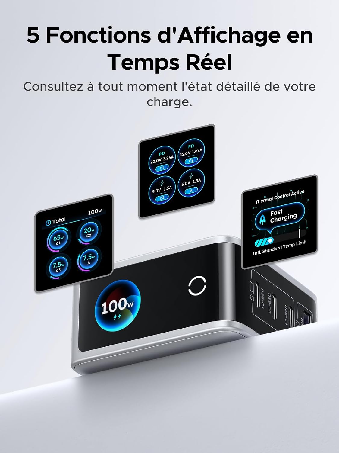 Thumbnail 2 de UGREEN Nexode Pro 100W: Chargeur USB-C 4 Ports avec Écran Intelligent, GaNInfinity II