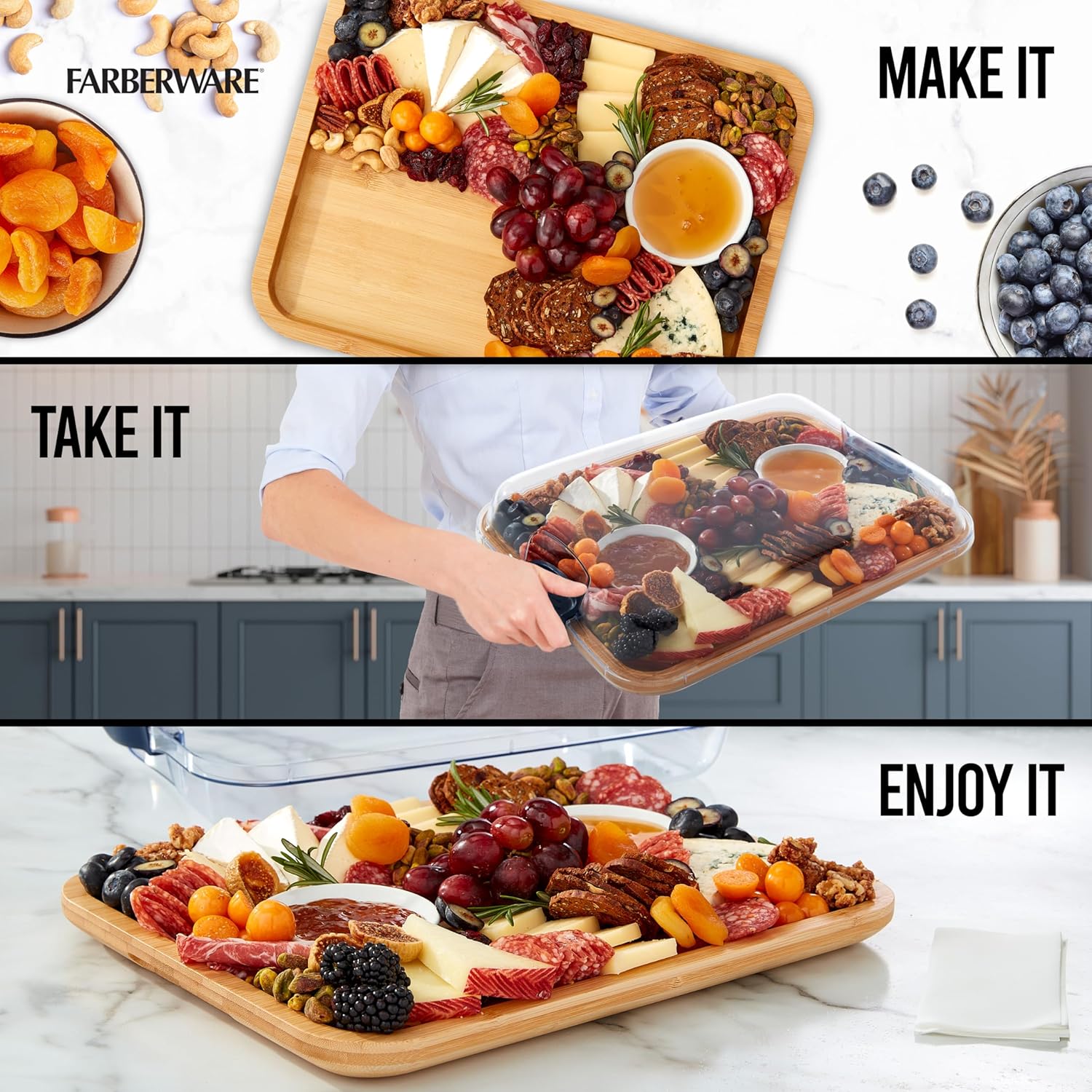 Detalle 2 de FARBERWARE Build-A-Board Bamboo Cutting Board with Built-in Compartments, Clear Locking Lid & Navy Handles ⚙