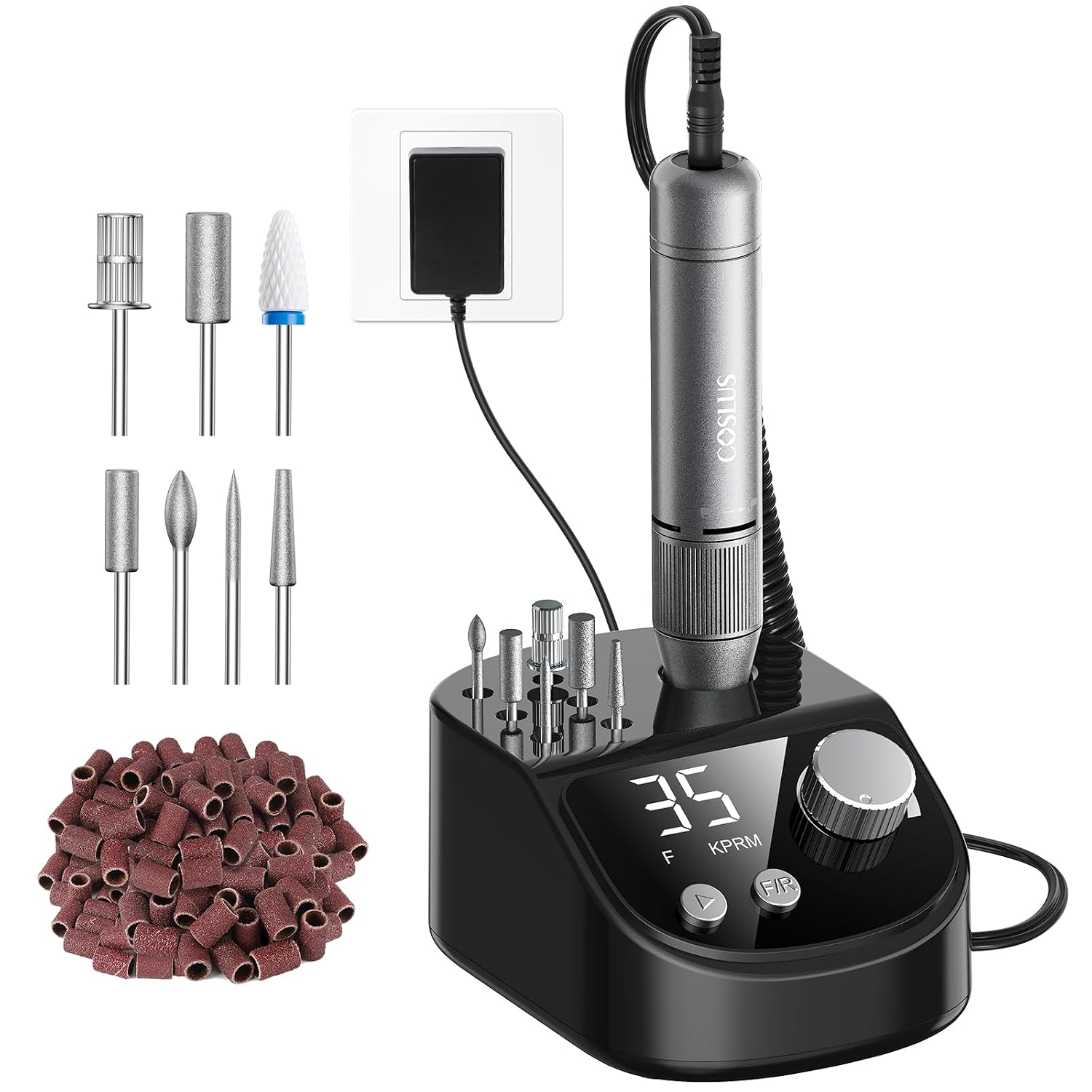COSLUS E50 Nagelfräser Professionell Set – 35.000 U/min, LCD-Anzeige, 6 Bits, 31 Schleifbänder