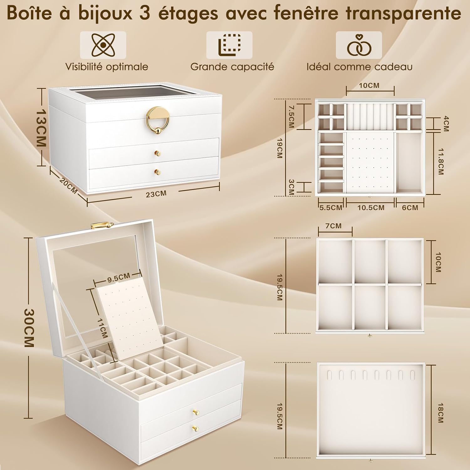 Detalle de OrderlyGo Grande boîte à bijoux 3 niveaux avec couvercle transparent et velours