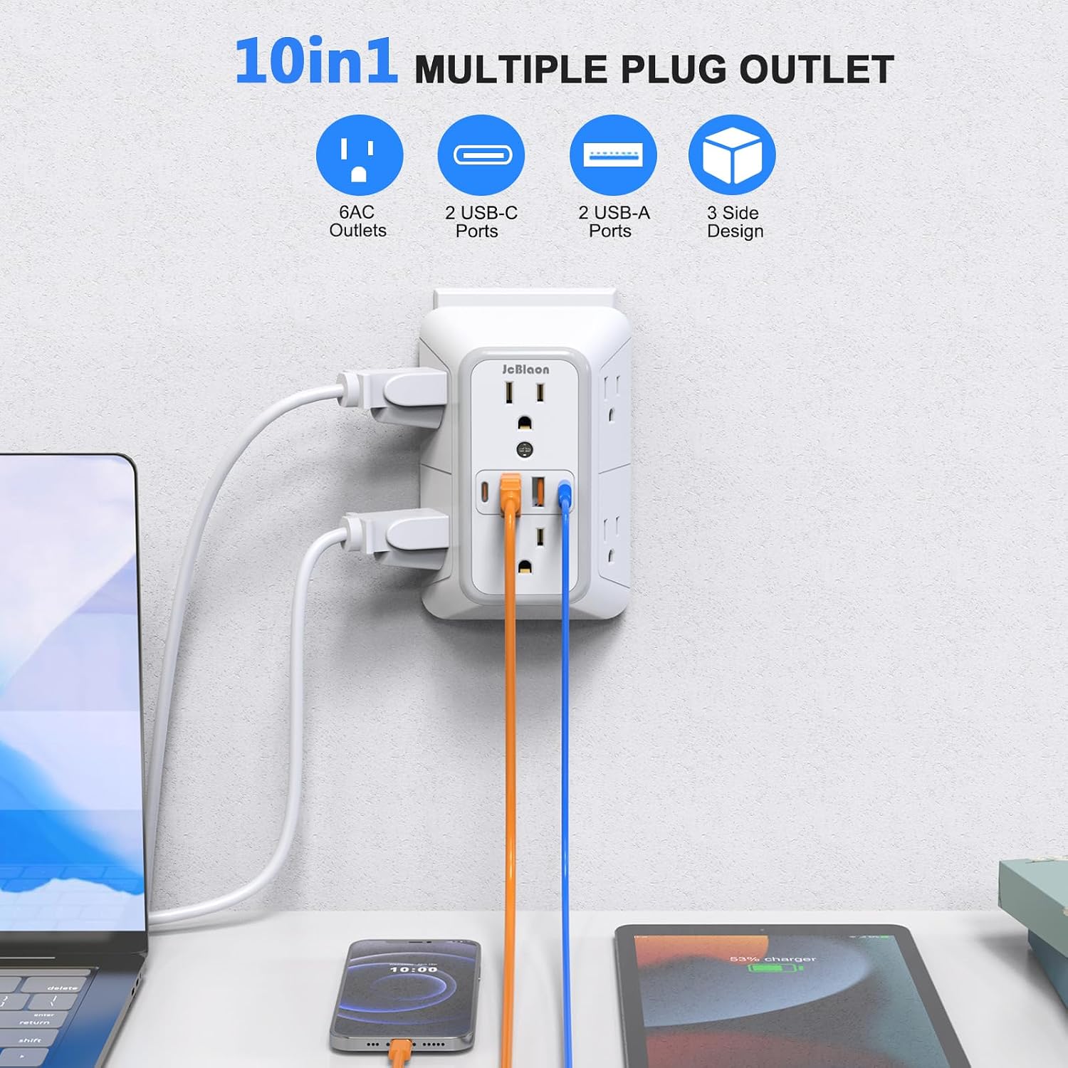 Thumbnail 1 de JcBlaon SE660-CUQ Outlet Extender, 6 AC Outlets, 4 USB Ports, 1050J Surge Protection