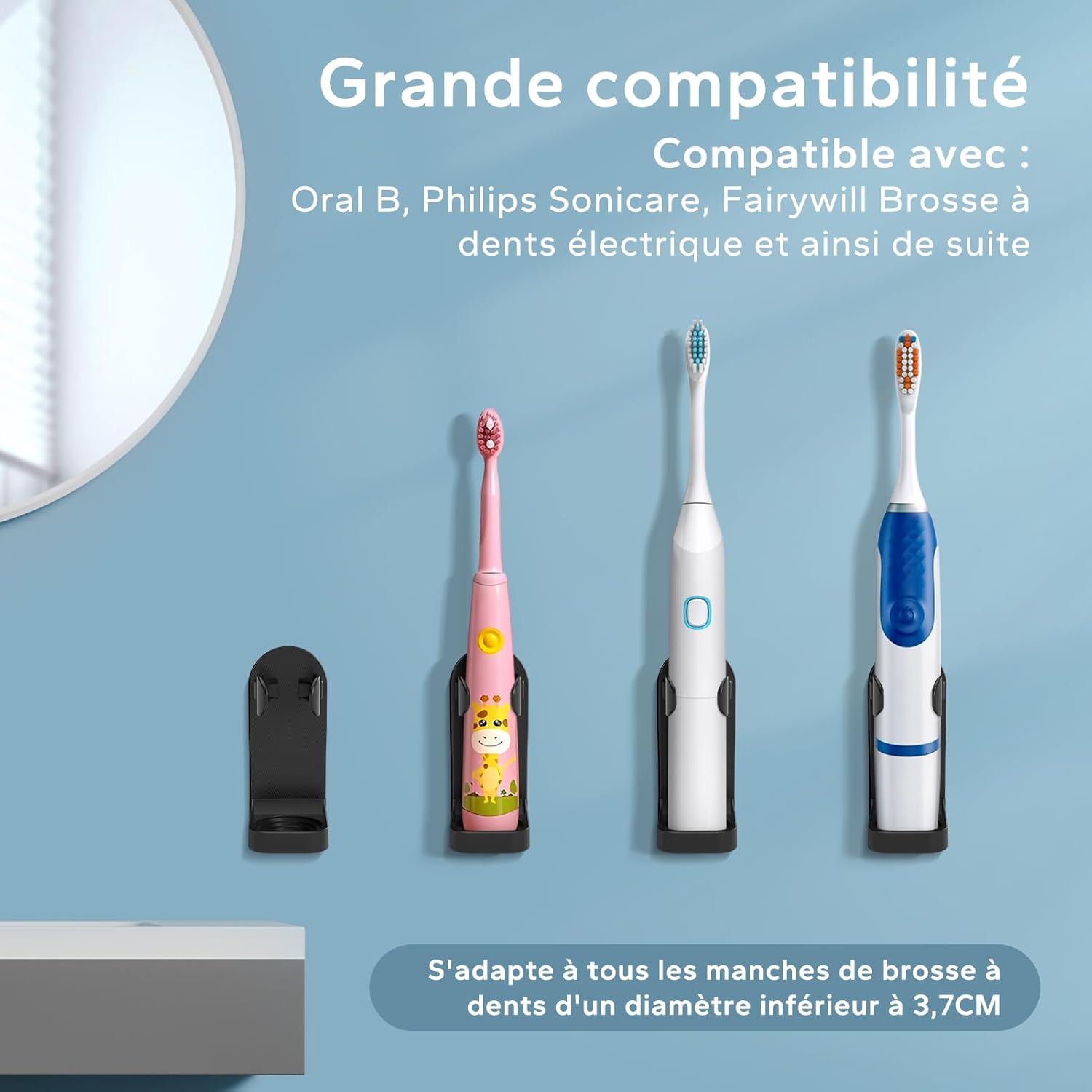 Thumbnail 2 de Support mural pour brosse à dents électrique HOMMAND (lot de 2) avec adhésif 3M, réglable, noir