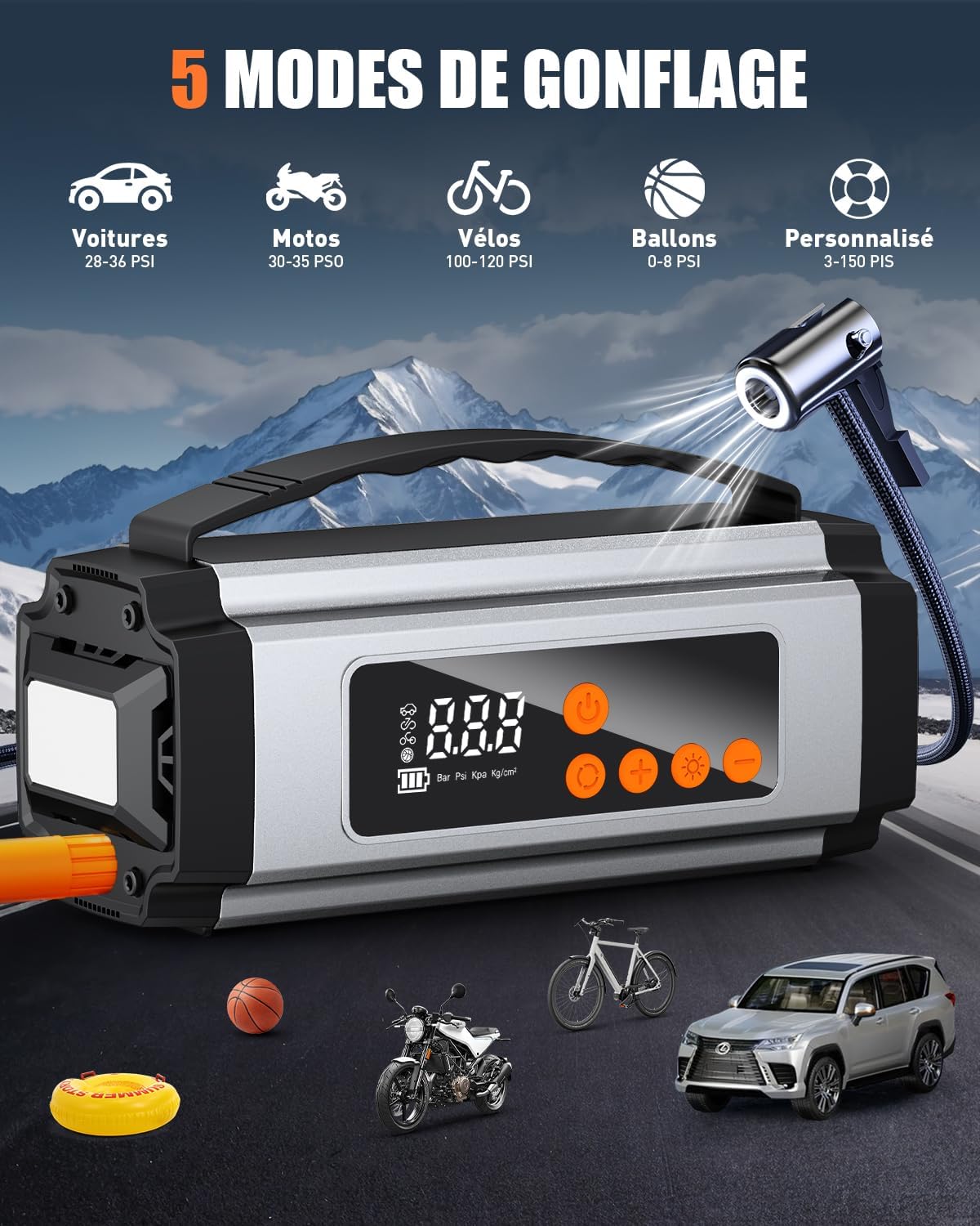 Thumbnail 3 de Onherm 7-en-1 Booster Batterie Voiture avec Gonfleur et Écran LCD – 2000A, 150 PSI