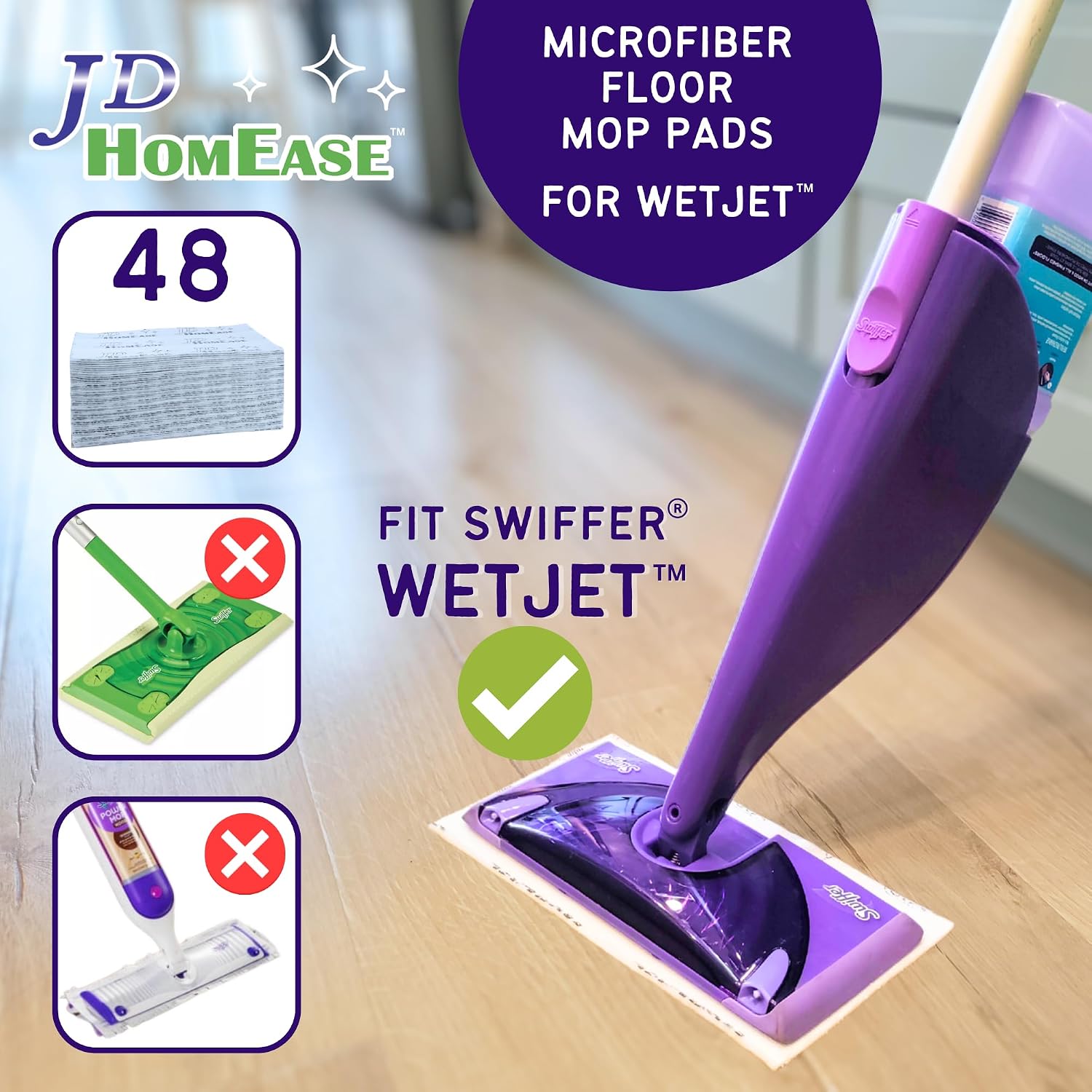 Thumbnail 1 de JD HOMEASE 48 Pack Premium Microfiber Replacement Pads for Swiffer WetJet