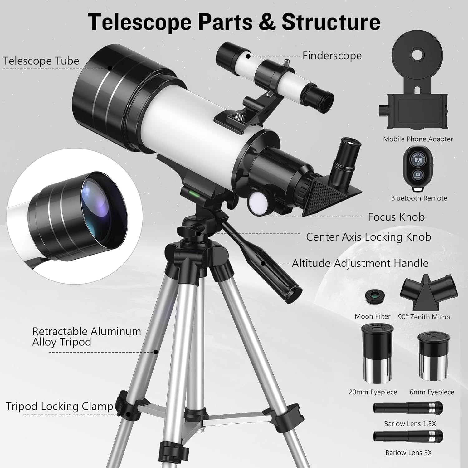 Detalle 2 de Astronomisches Teleskop Refraktor 70/300 mm von Xyvolve – ideal für Anfänger