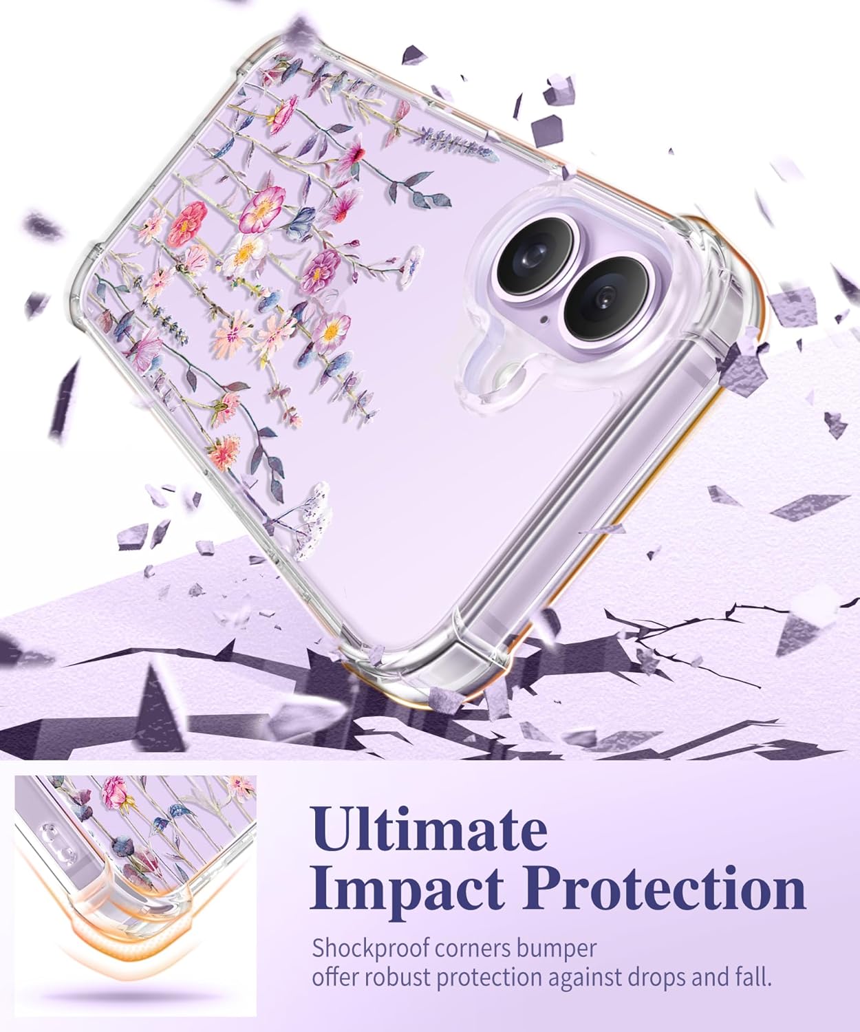 Thumbnail 3 de GVIEWIN iPhone 17 Case (6.3) with Screen Protector + Camera Lens Protector, Clear Floral Slim Shockproof Hard PC Back