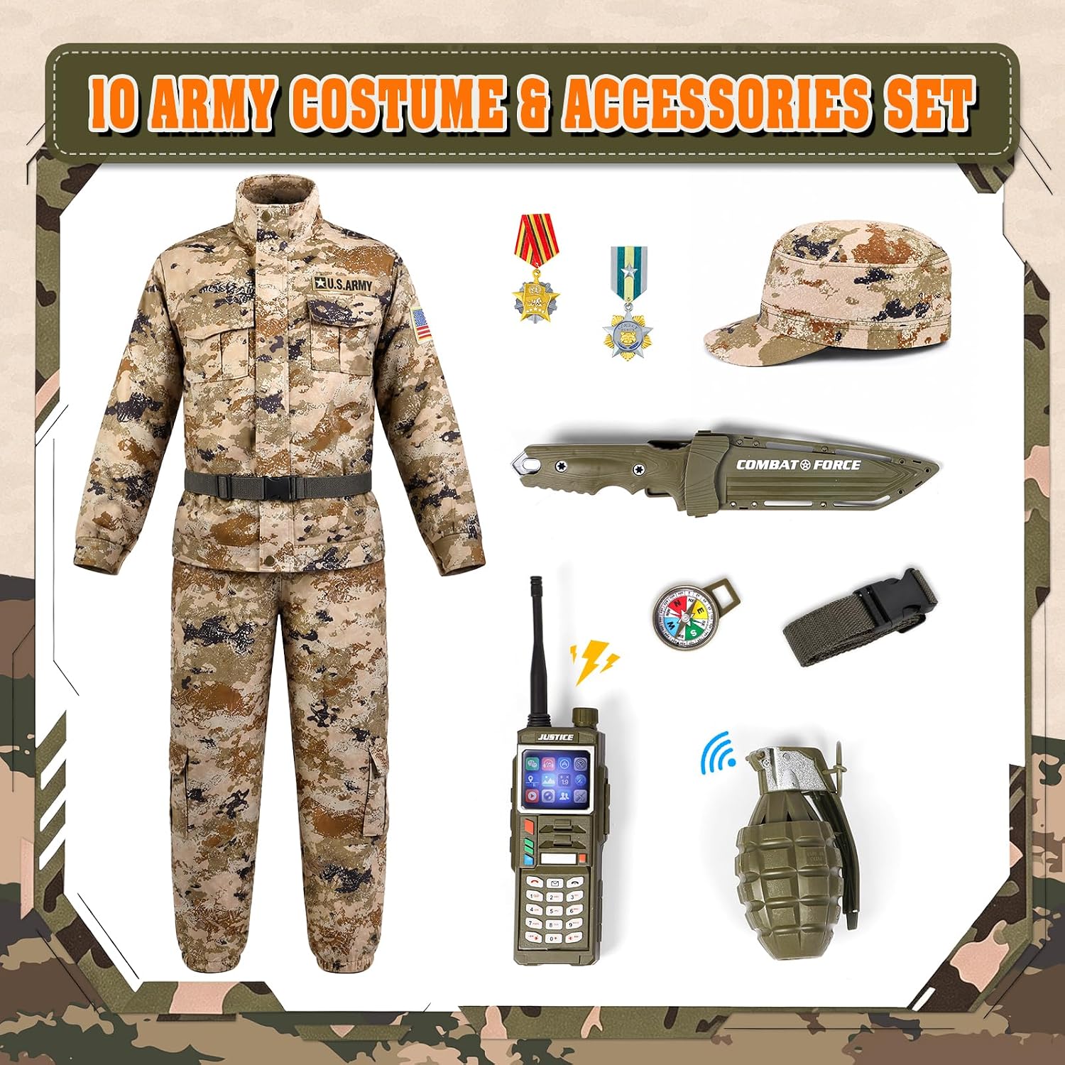 Thumbnail 1 de Metemot 10-Piece Kids Army Costume with Sound-and-Light Toys, Khaki Camo