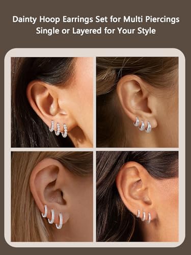 Detalle de Aretas Sterling Silver Hoop Earrings Set – 3 Pairs (12/14/16mm) Hypoallergenic with Cubic Zirconia