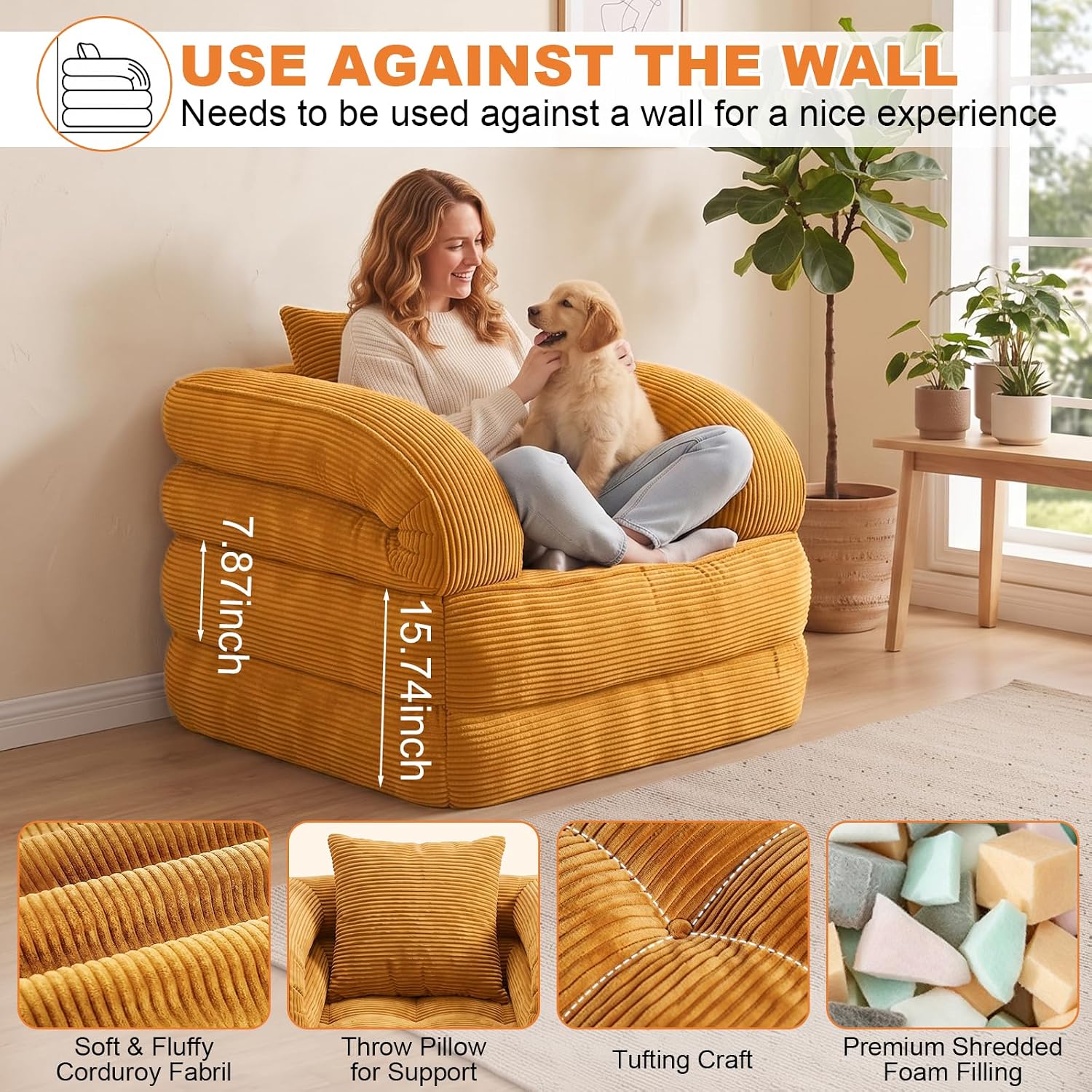 Detalle de CUBIOU Y8022-Orange 3-in-1 Corduroy Folding Sofa Bed