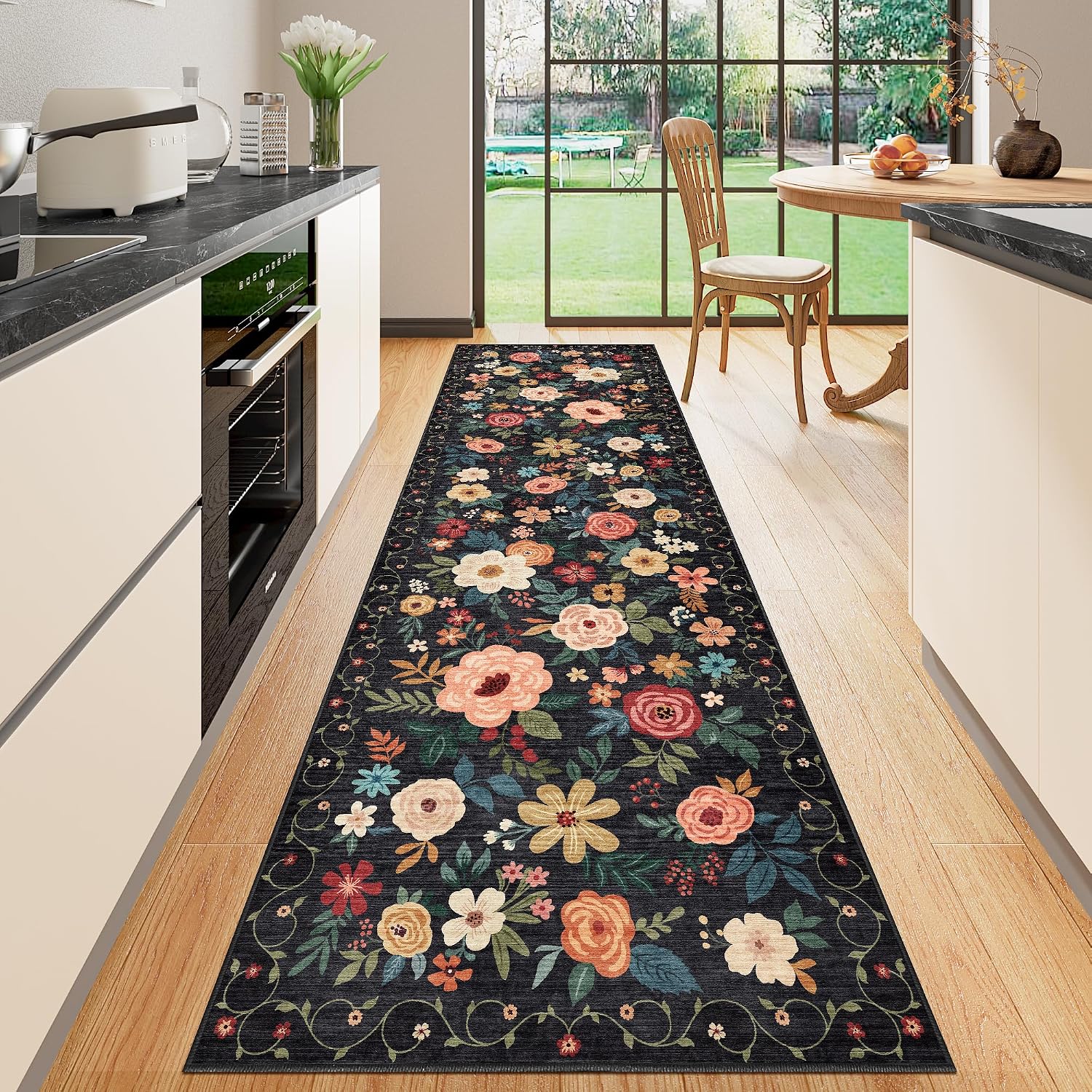 Detalle de DUKINO Runner Rug (2x10) with Non Slip TPR Backing, Washable Low Pile Boho Floral for Kitchen & Entryway