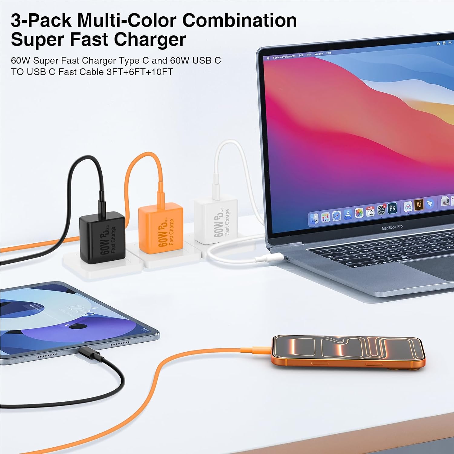 Detalle de QZIIW 60W USB-C Fast Charger Block with 3 Pack + Ultra-Long Cables: Practical, Travel-Ready Power