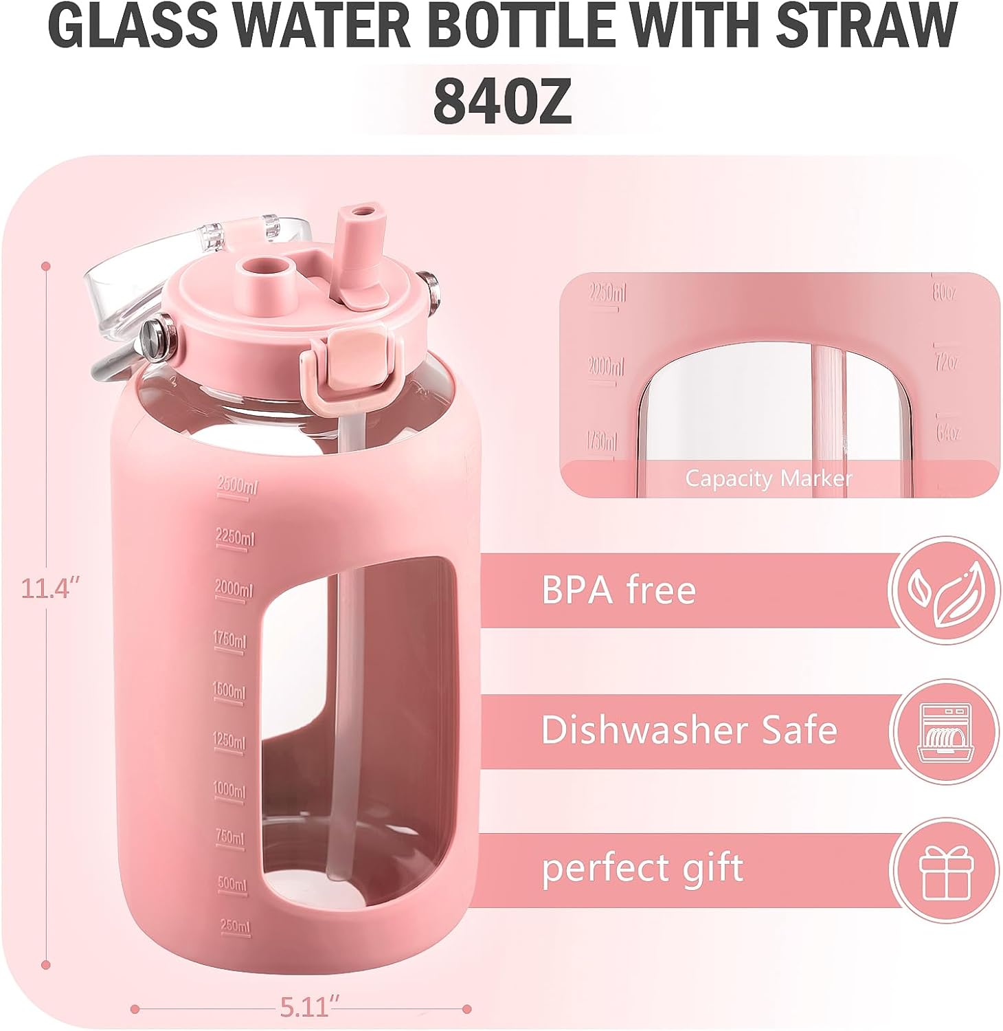 Detalle 2 de BLUEGO B-84oz-Pink – szklana butelka 2500 ml z uchwytem i znacznikami czasu