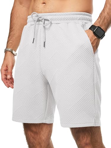 Detalle de JMIERR Herren Textur Kurze Hosen – Sommer Shorts mit 3 Taschen, Weiß, Größe 3XL