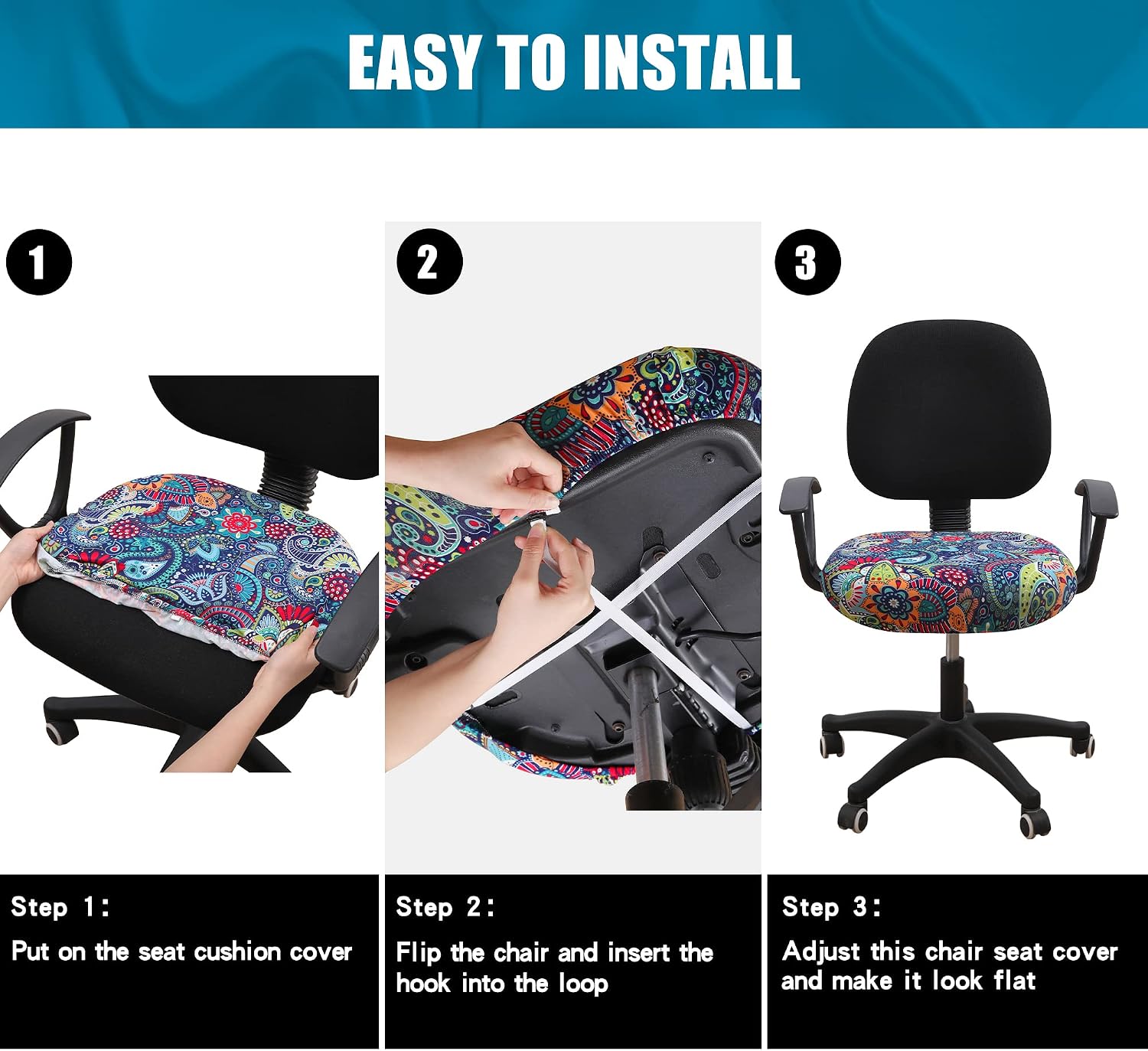 Thumbnail 6 de Smiry Stretch Printed Office Chair Cover, Blue-Green, Machine Washable
