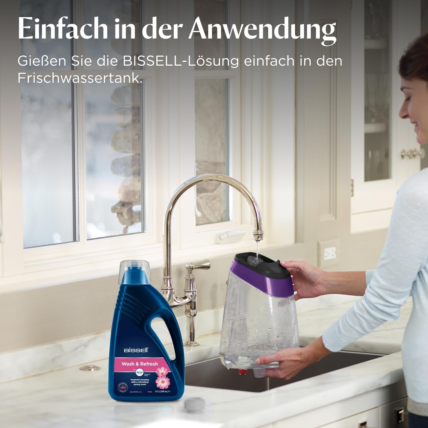 Detalle de BISSELL Wash & Refresh mit Febreze Blossom & Breeze – 1,5 l Teppichreinigungslösung (1078N) für BISSELL aufrechte Teppichreiniger