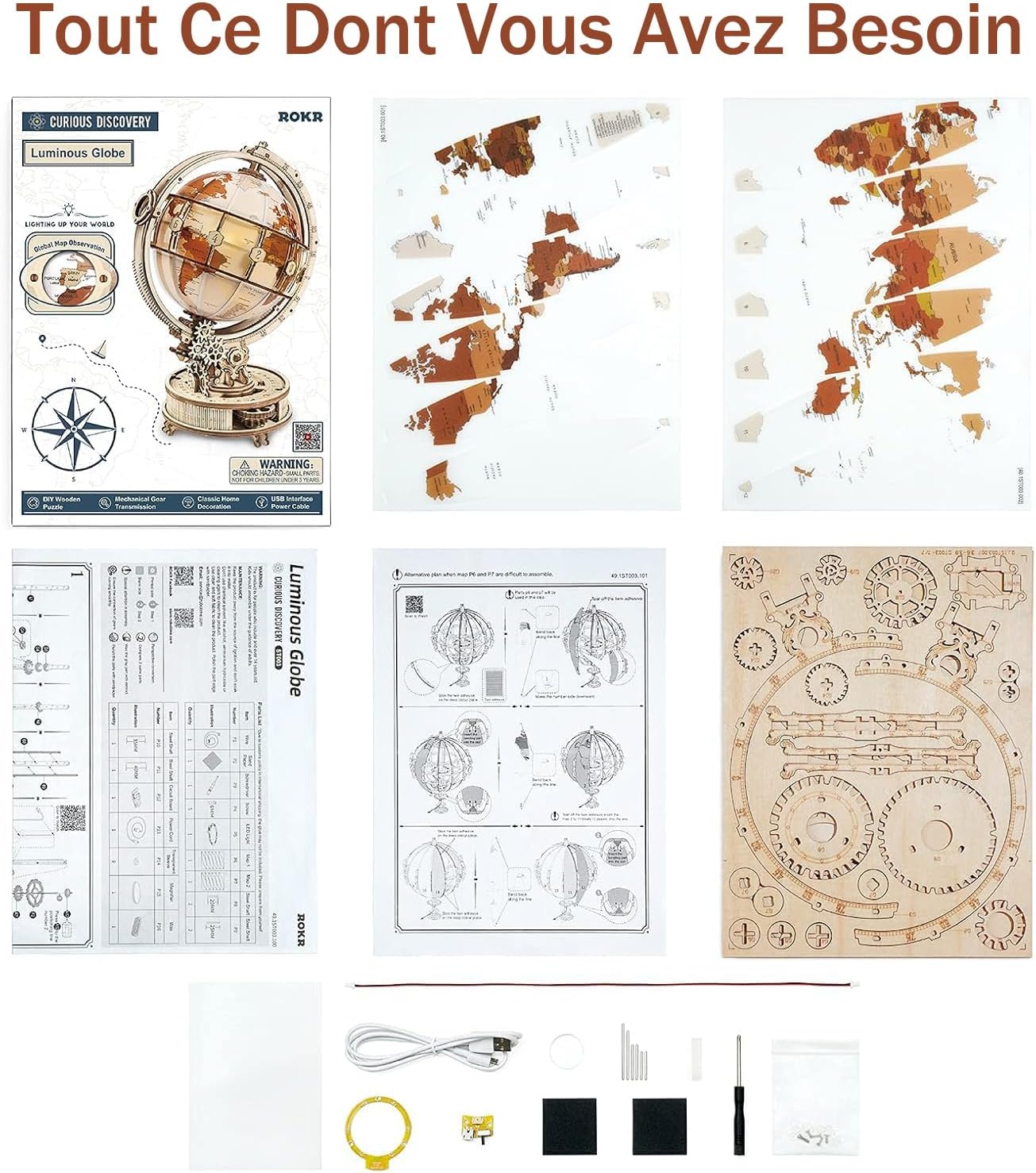 Detalle de ROKR Maquette Bois Globe Lumineux 3D – Puzzle 180 pièces et globe rotatif en bois