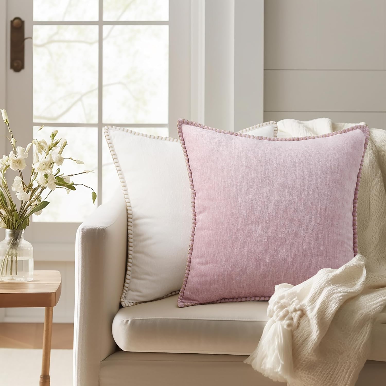 Detalle de decorUhome Fall Chenille Soft Cozy Throw Pillow Covers 24x24 (Set of 2) in Blush Pink