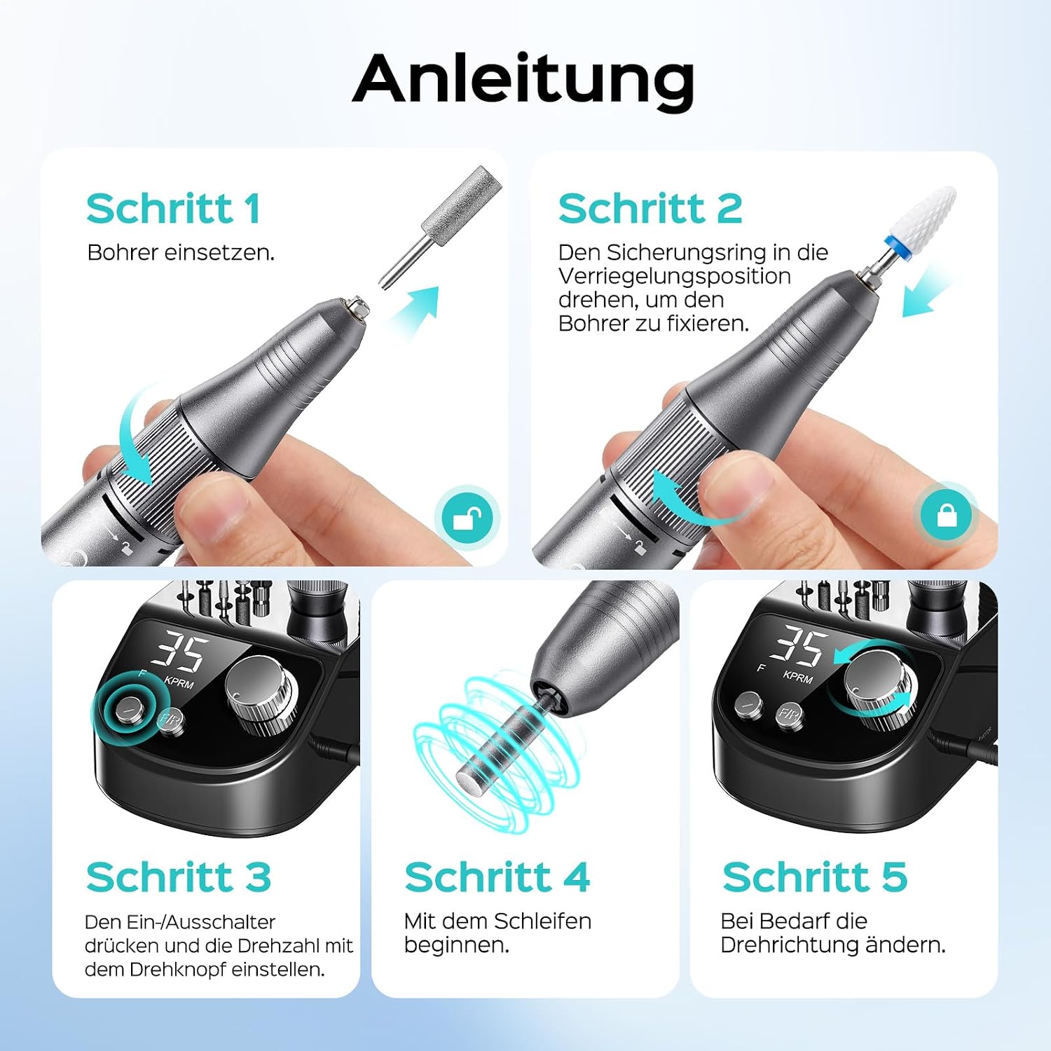 Thumbnail 6 de COSLUS E50 Nagelfräser Professionell Set – 35.000 U/min, LCD-Anzeige, 6 Bits, 31 Schleifbänder