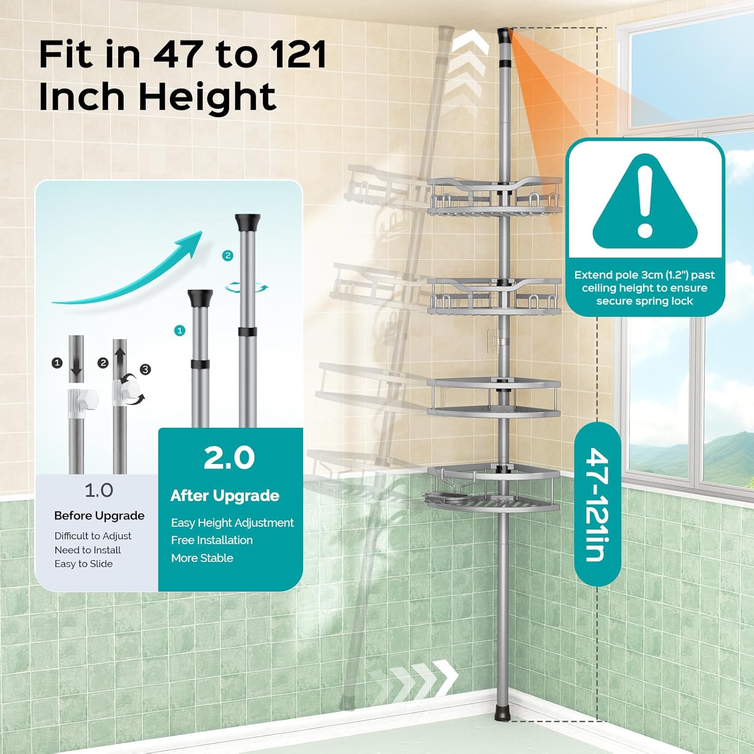 Thumbnail 3 de HAMITOR Corner Shower Caddy Tension Pole – 4-Tier Rustproof Steel Organizer for 47–121 Inch Corners