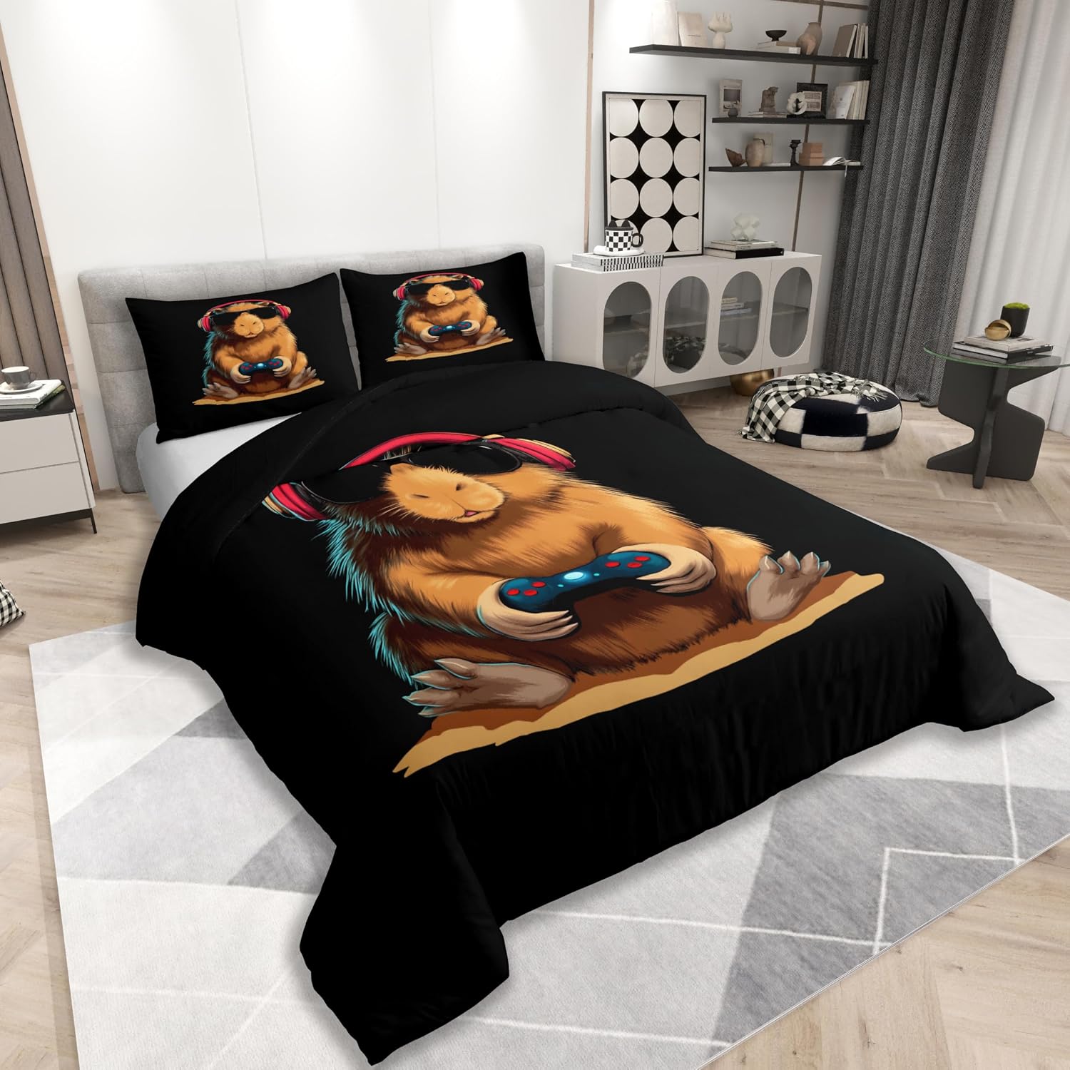 Detalle 2 de Homewish Gaming Capybara Bettwäsche-Set 200x200 cm – Capybara & Gaming Design, 2 Kissenbezüge 80x80 cm
