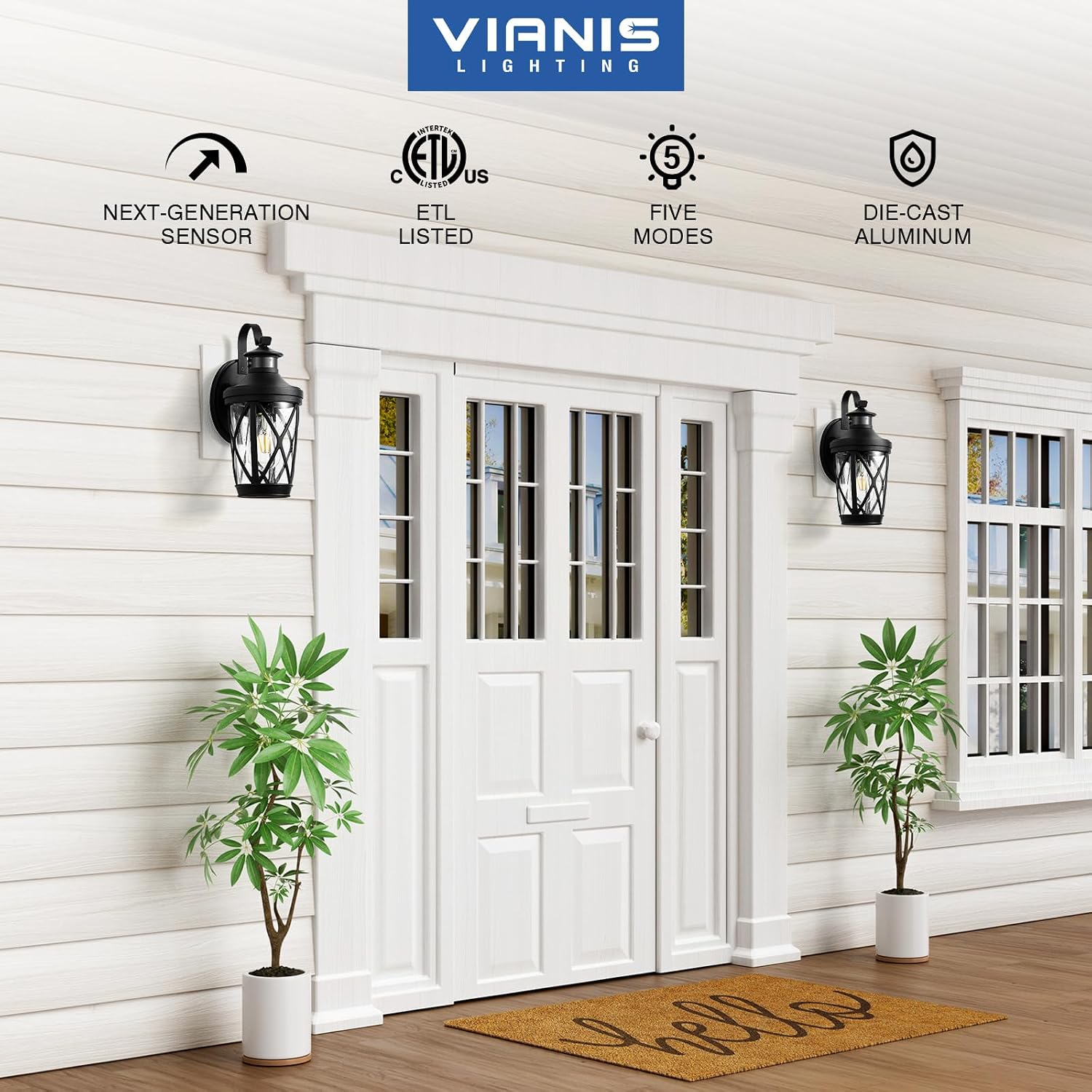 Detalle 2 de VIANIS V81605 Outdoor Wall Lantern with Motion Sensor, Black, E26 Socket