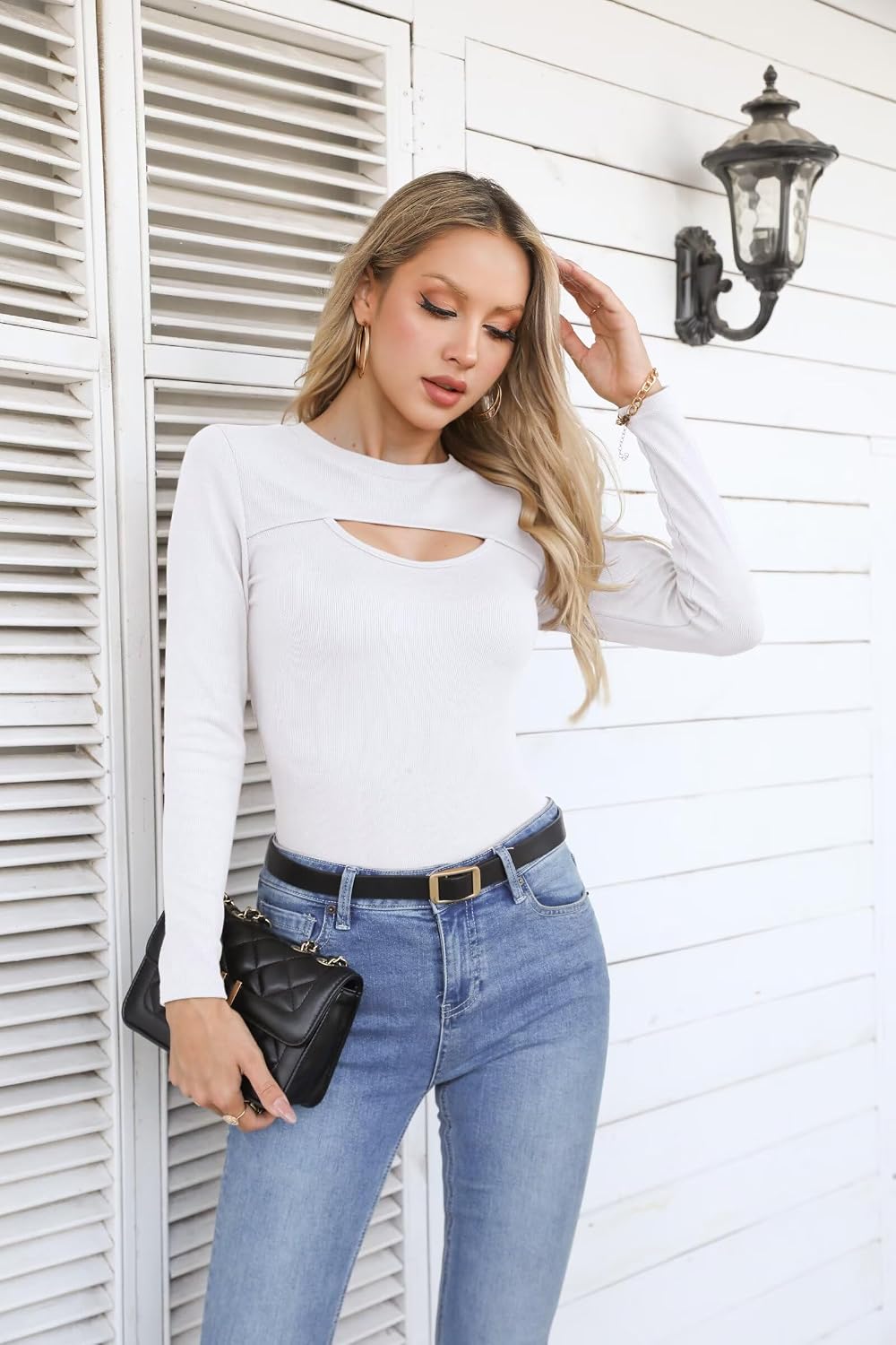 Thumbnail 6 de VICHYIE Damen Langarm Shirt Ribbed Cut-Out