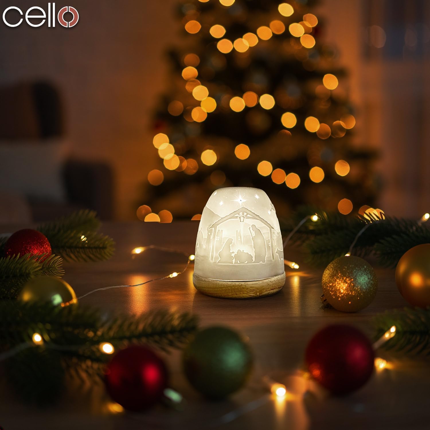 Thumbnail 5 de Cello Porcelain Tall Tealight Holder Dome with 3D nativity projection