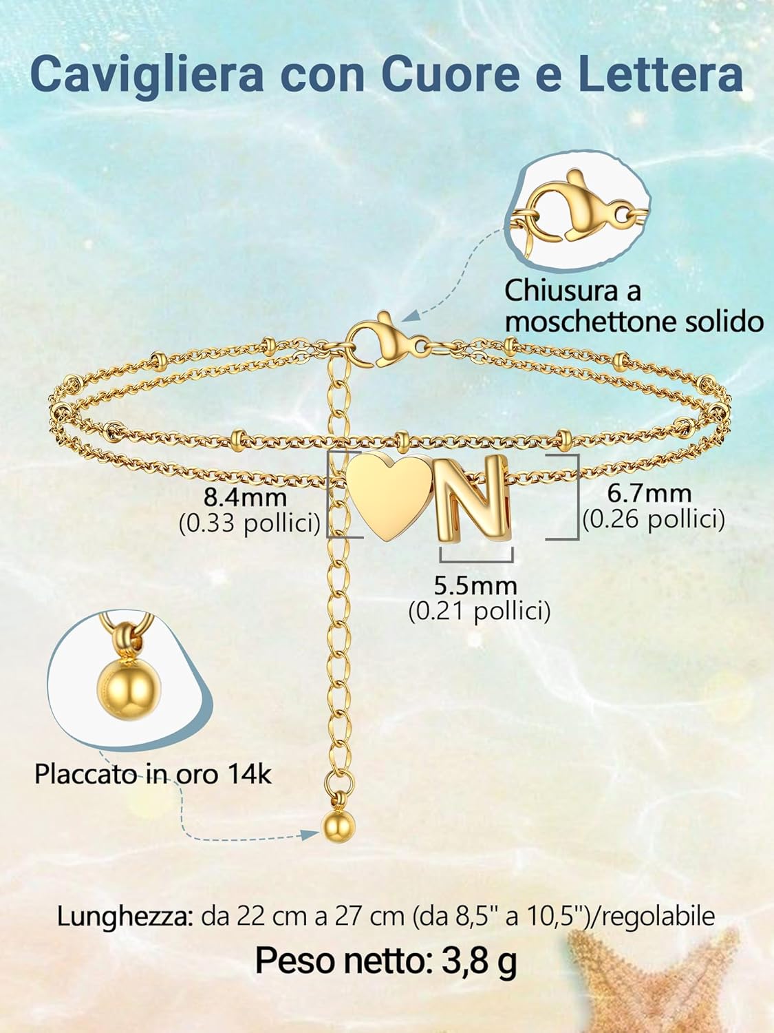 Thumbnail 2 de PROSTEEL A-Z Cavigliera in acciaio inox 316L doppio strato con cuore e iniziali, 22+5 cm