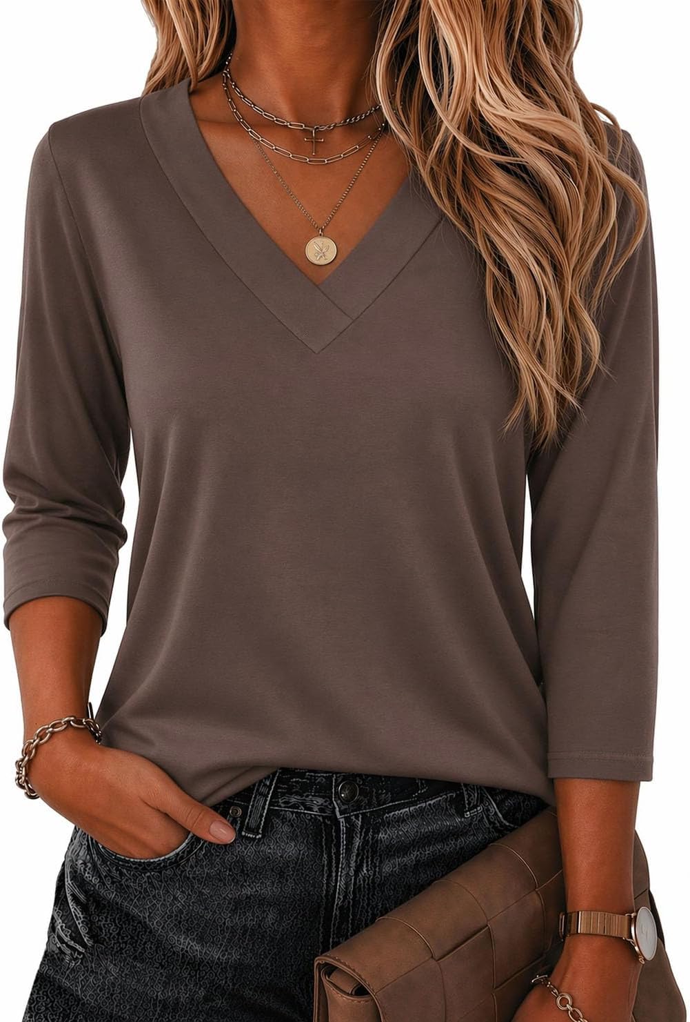 Detalle de Zeagoo 3/4 Sleeve V-Neck Dressy Casual Blouse (S-2XL)