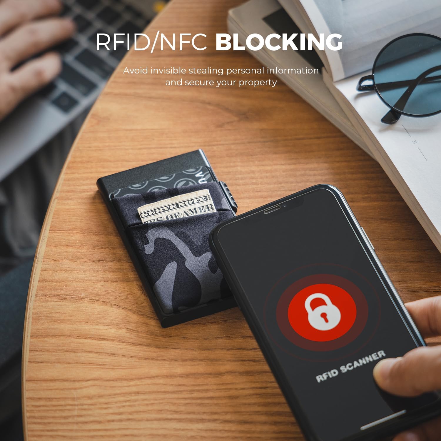 Detalle de VULKIT Slim Pop Up Card Holder with RFID/NFC Blocking Aluminium Wallet