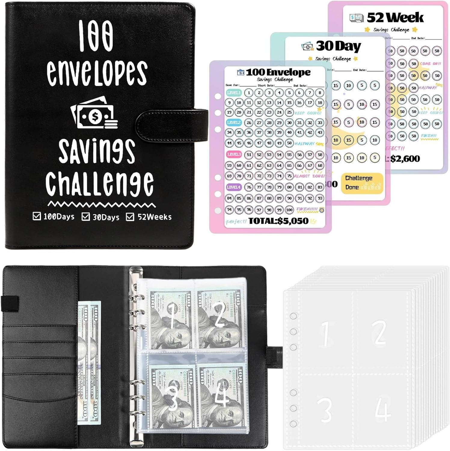 Detalle de WINDESK Binder3trackerblk A5 Savings Challenge Binder with 3 Trackers