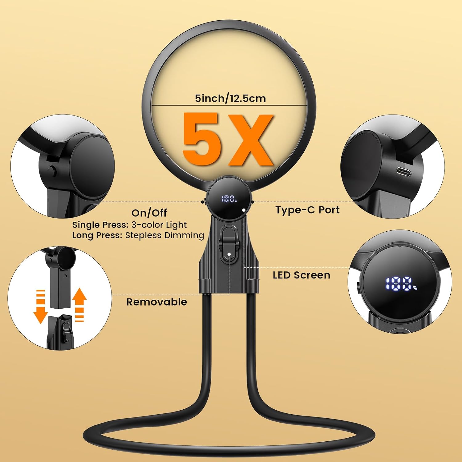 Thumbnail 4 de Rechargeable Magnifying Glass with Light for Reading – 5X Large, Neck-Wearable, Hands-Free & Desk Use
