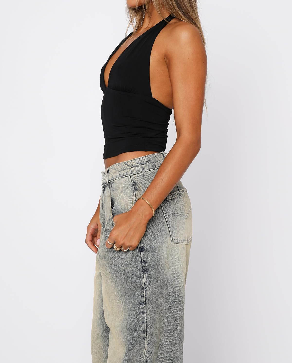 Detalle de TiulZial Women's Backless Halter Crop Top, Double-Lined Stretch Nylon