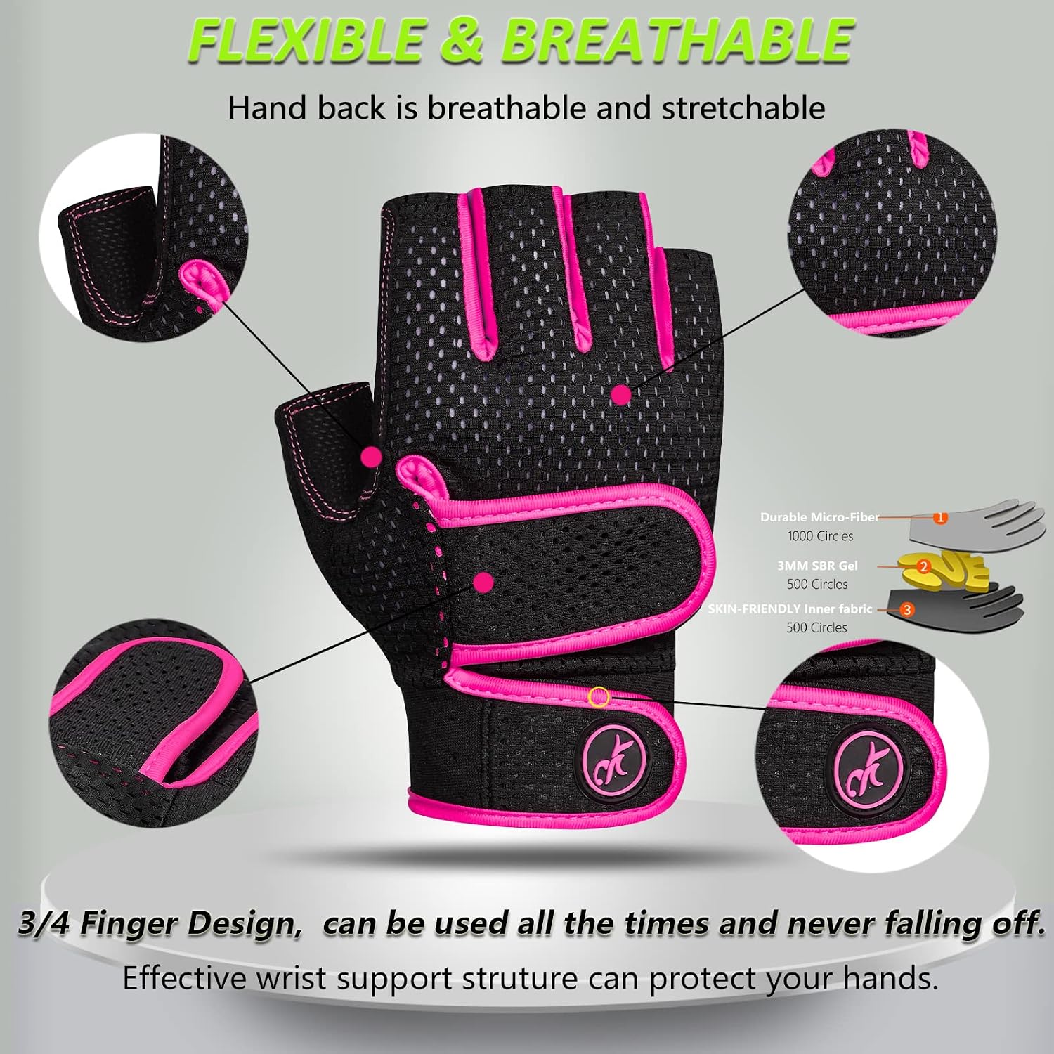 Detalle de MOREOK MK1003 Fingerless Workout Gloves, 3mm Gel Palm Pads, Adjustable Wrist
