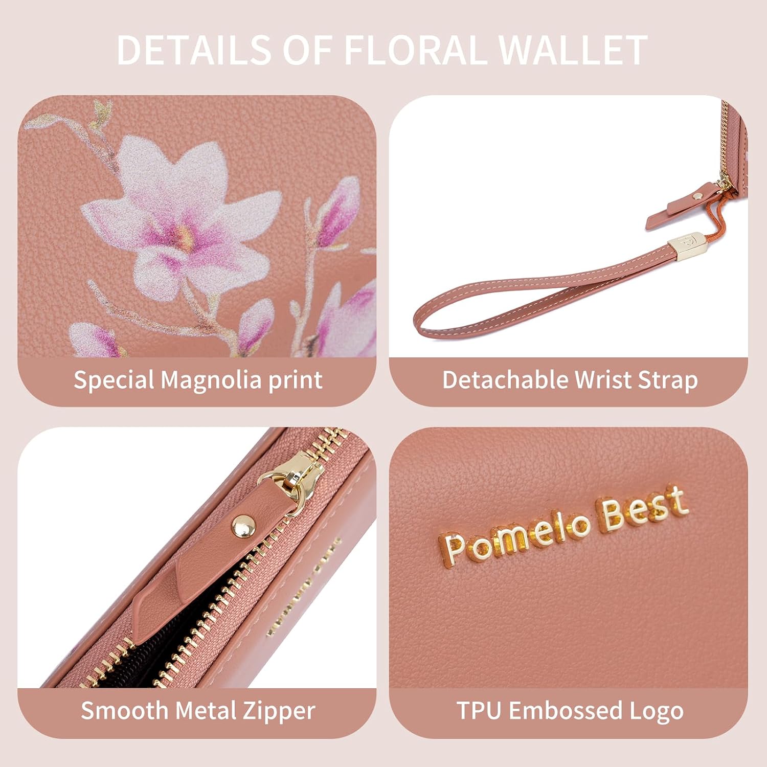 Detalle de Pomelo Best portefeuille femme en cuir PU avec RFID, porte-monnaie zippé et sangle de poignet