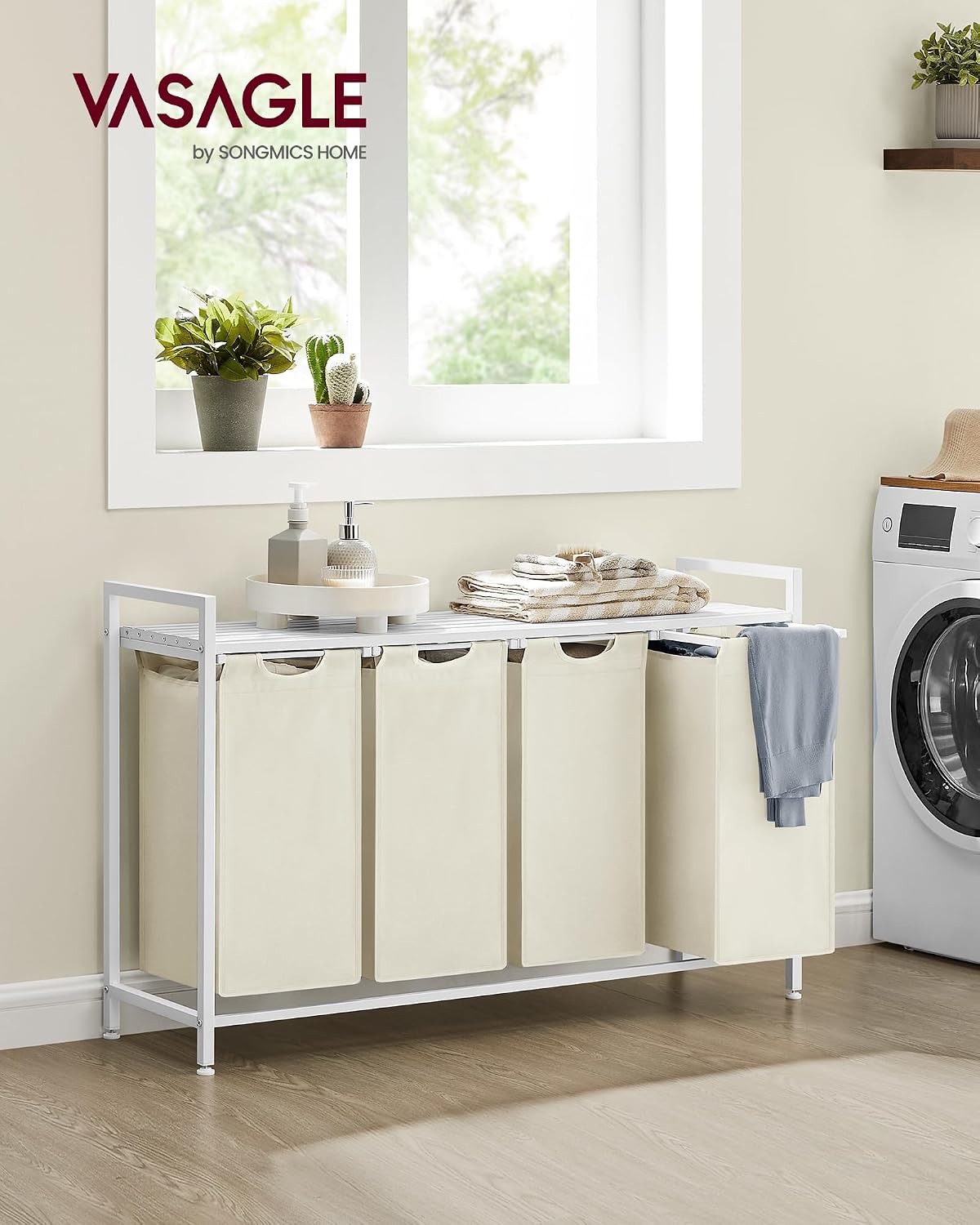 Detalle 2 de VASAGLE BRENTA BLH101W01 wasmand met plank, 65 liter, crèmewit en wolkwit