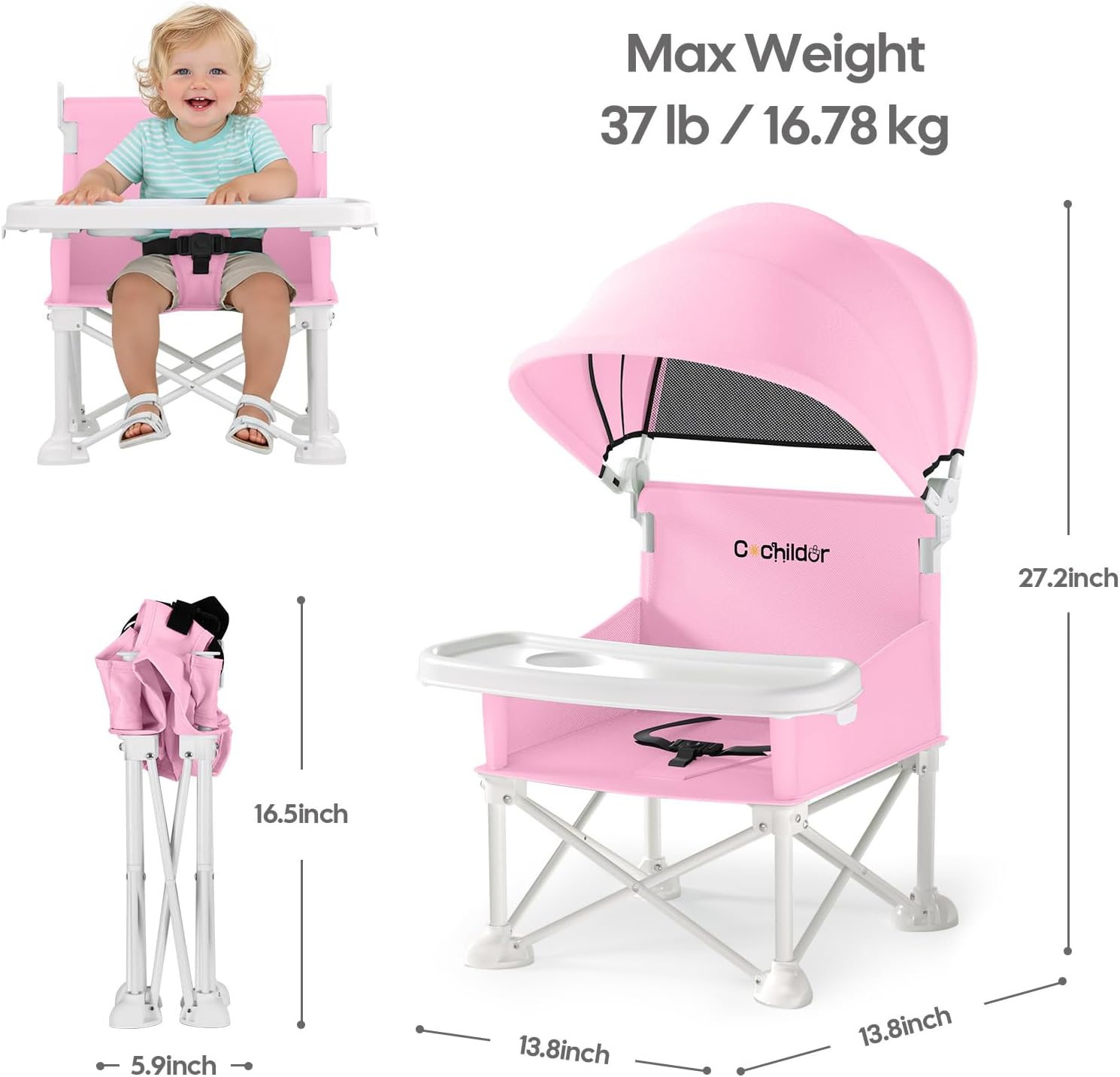 Thumbnail 2 de Cochildor 4-in-1 Portable Baby Chair, Pink, with Removable Tray and Sun Canopy