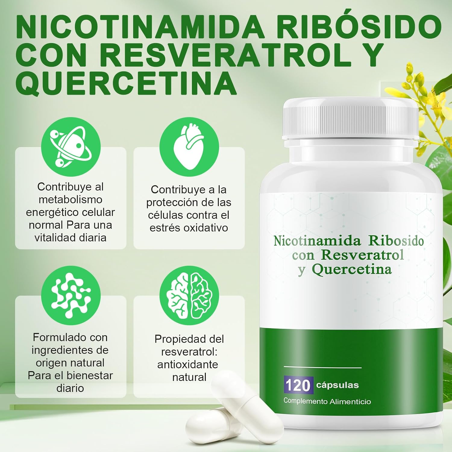 Detalle 2 de Nicotinamida Ribósido con Resveratrol y Quercetina 120 cápsulas