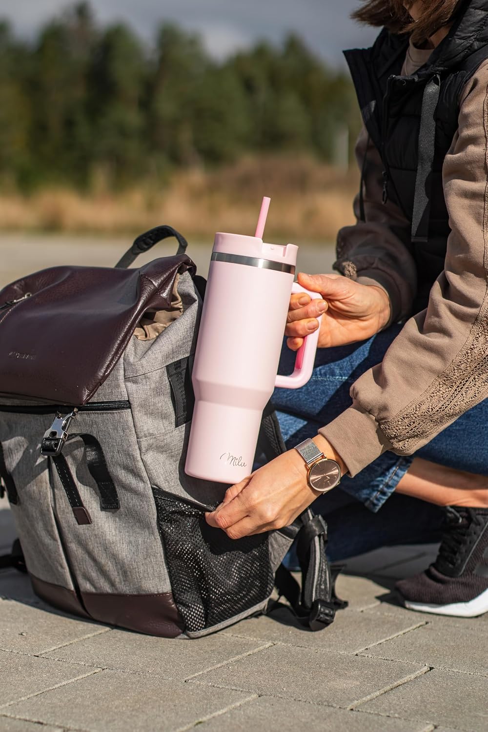 Thumbnail 6 de Milu Thermobecher 1,2L mit Strohhalm und Henkel – isolierter Edelstahl-Tumbler 40oz (Blossom Pink)