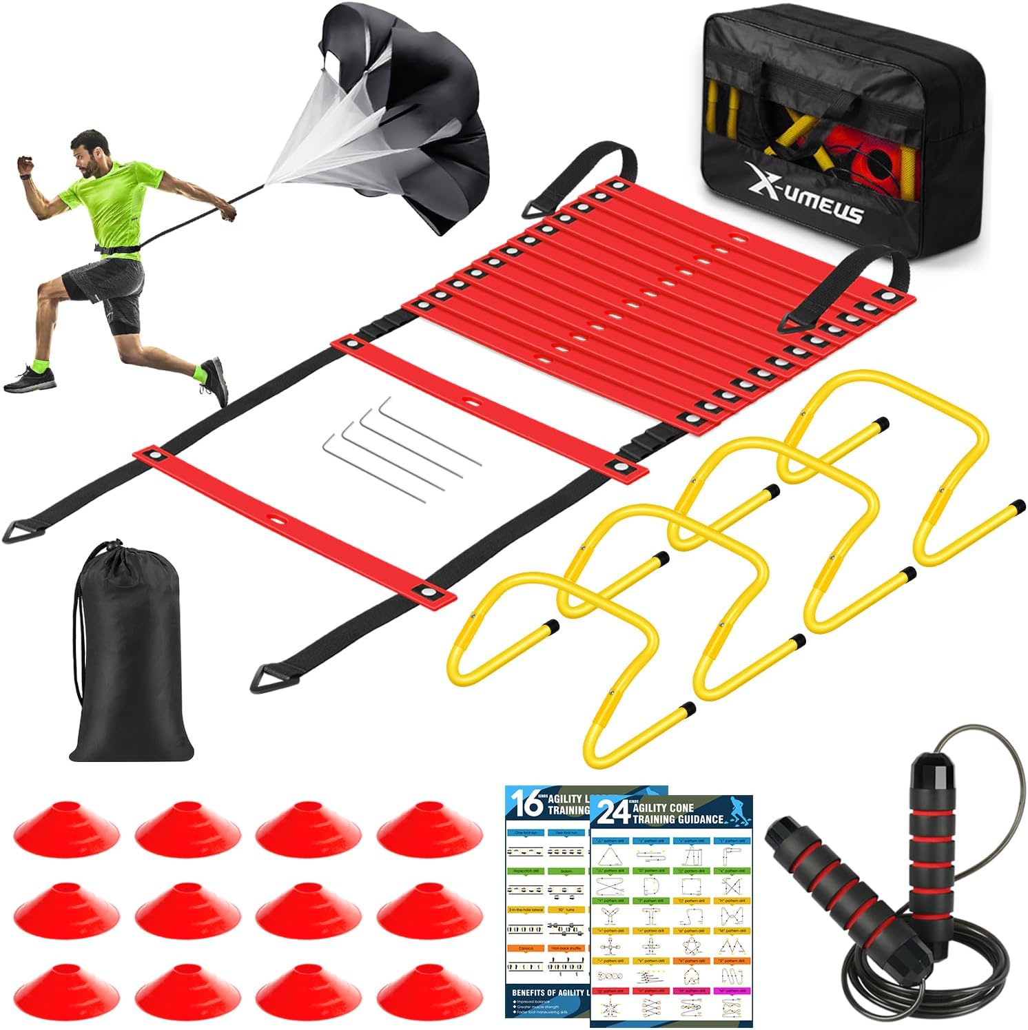 Thumbnail 6 de X-UMEUS Agility Ladder Speed Training Equipment Set (20ft ladder, cones, hurdles, jump rope, speed parachute)