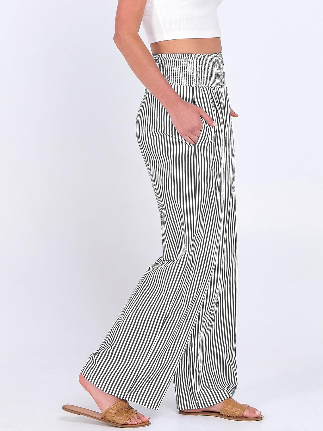 Detalle de ANRABESS Palazzo Pants with Gingham Stripes: Wide-Leg, High-Waisted Lounge Pants with Pockets